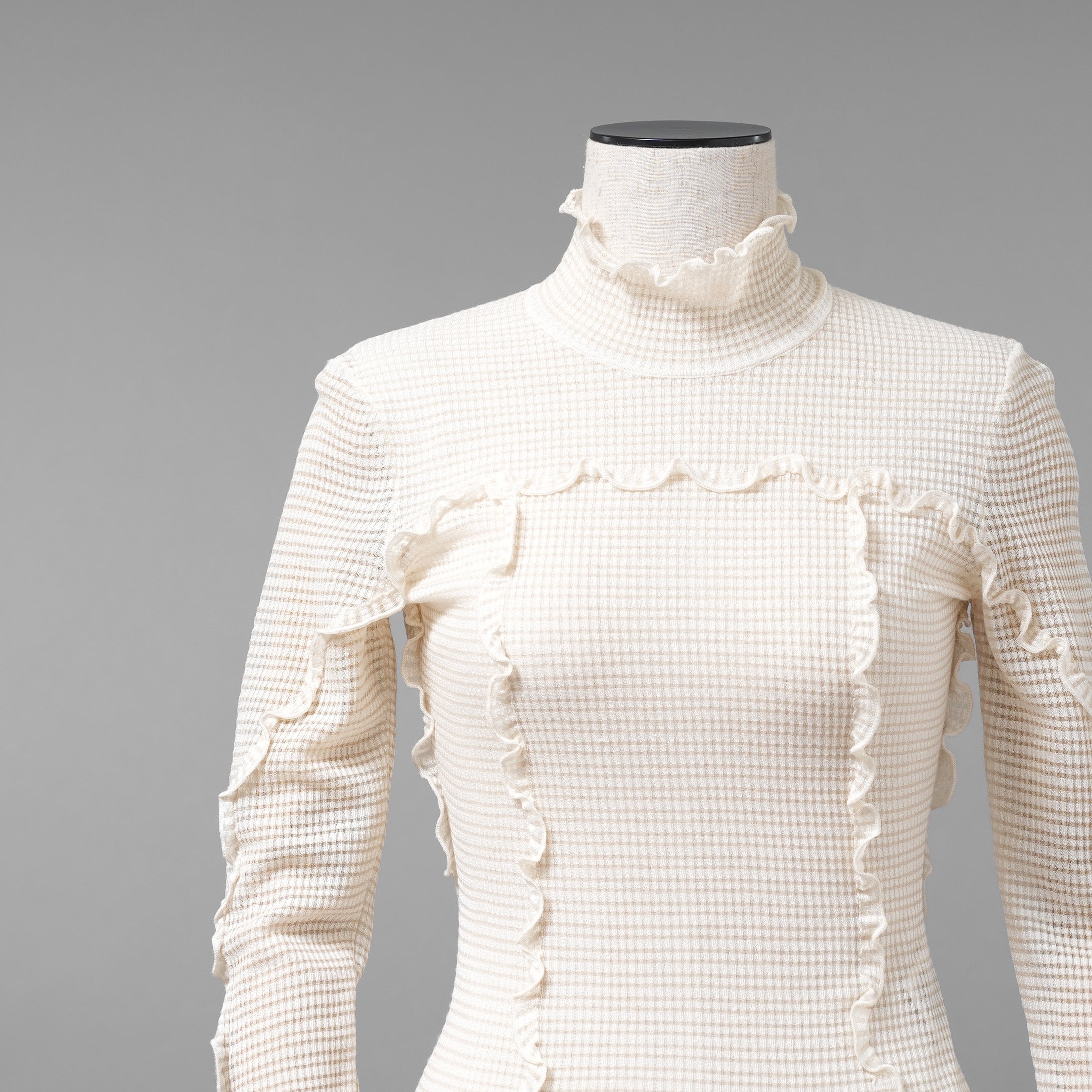 FENDI フェンディ / 美品 22SS シルク シアーチェック柄 フリル ハイネックトップス / 長袖Tシャツ / FZX840 ALAE / size 42 (IVORY)