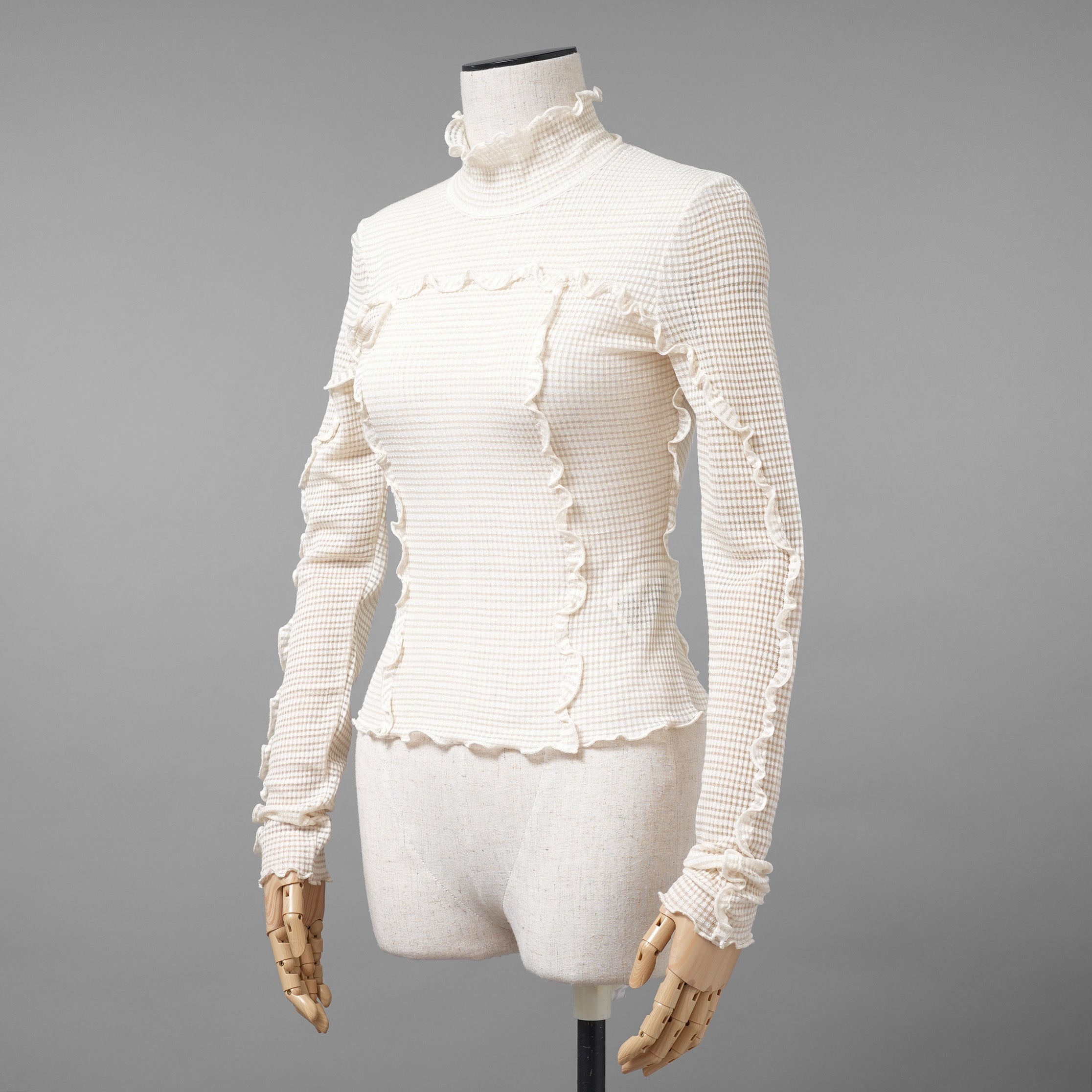 FENDI フェンディ / 美品 22SS シルク シアーチェック柄 フリル ハイネックトップス / 長袖Tシャツ / FZX840 ALAE / size 42 (IVORY)