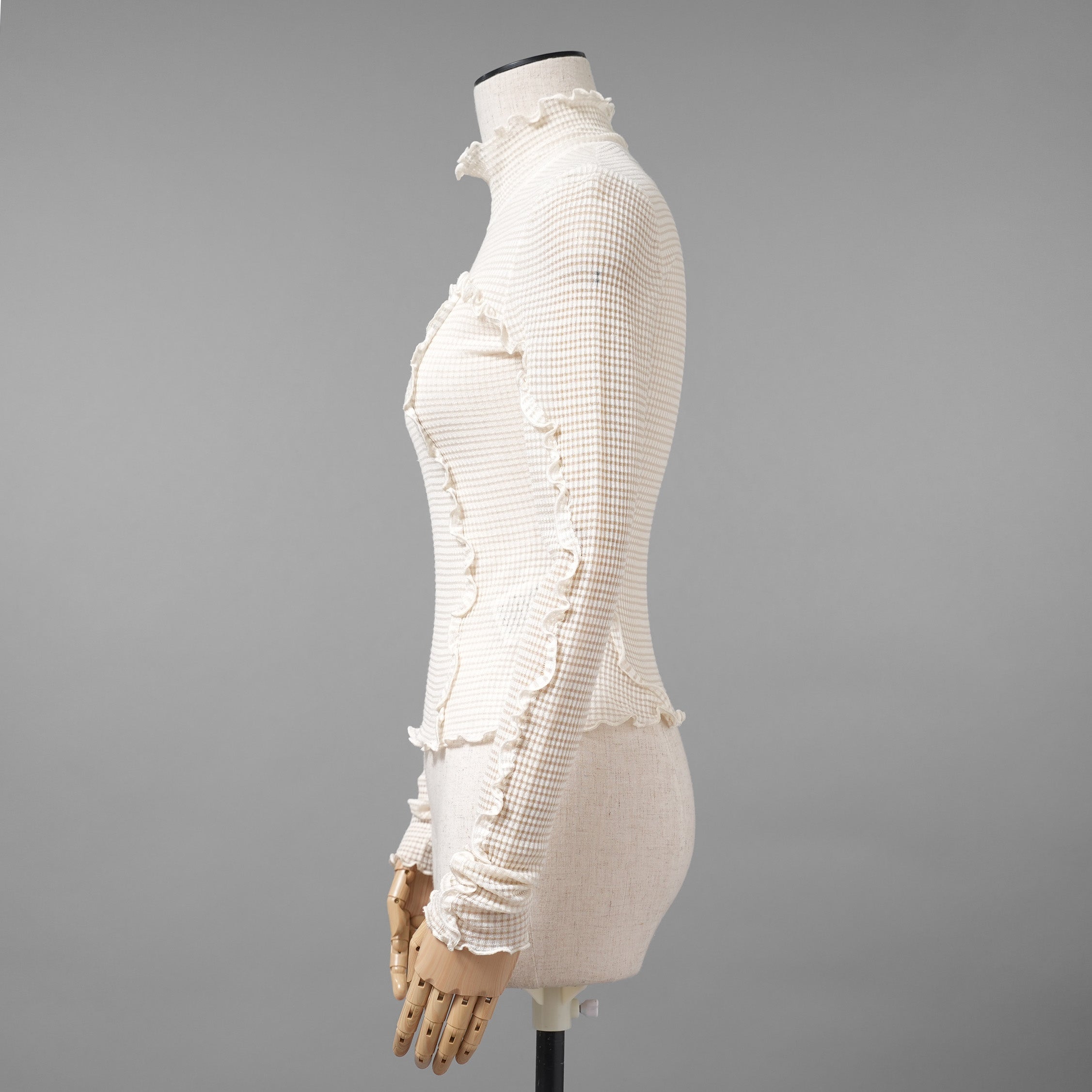 FENDI フェンディ / 美品 22SS シルク シアーチェック柄 フリル ハイネックトップス / 長袖Tシャツ / FZX840 ALAE / size 42 (IVORY)