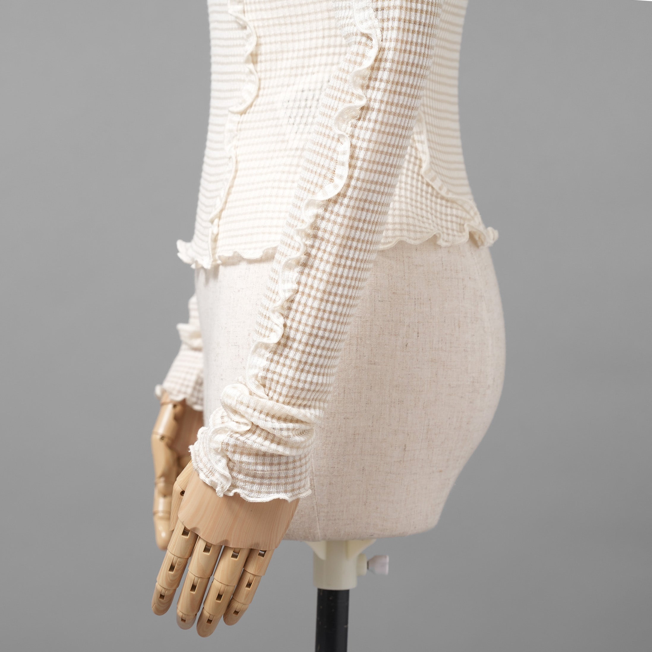 FENDI フェンディ / 美品 22SS シルク シアーチェック柄 フリル ハイネックトップス / 長袖Tシャツ / FZX840 ALAE / size 42 (IVORY)