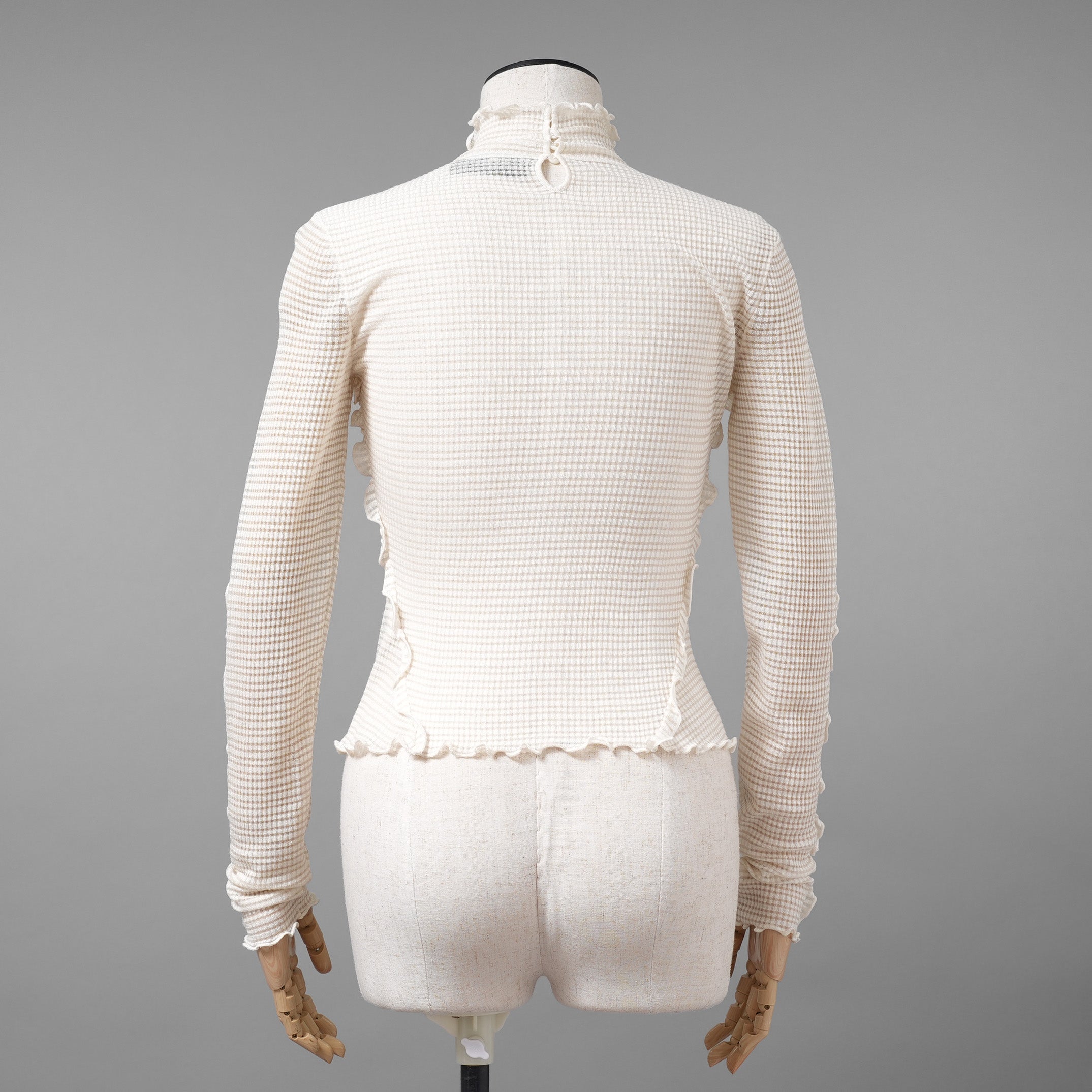 FENDI フェンディ / 美品 22SS シルク シアーチェック柄 フリル ハイネックトップス / 長袖Tシャツ / FZX840 ALAE / size 42 (IVORY)