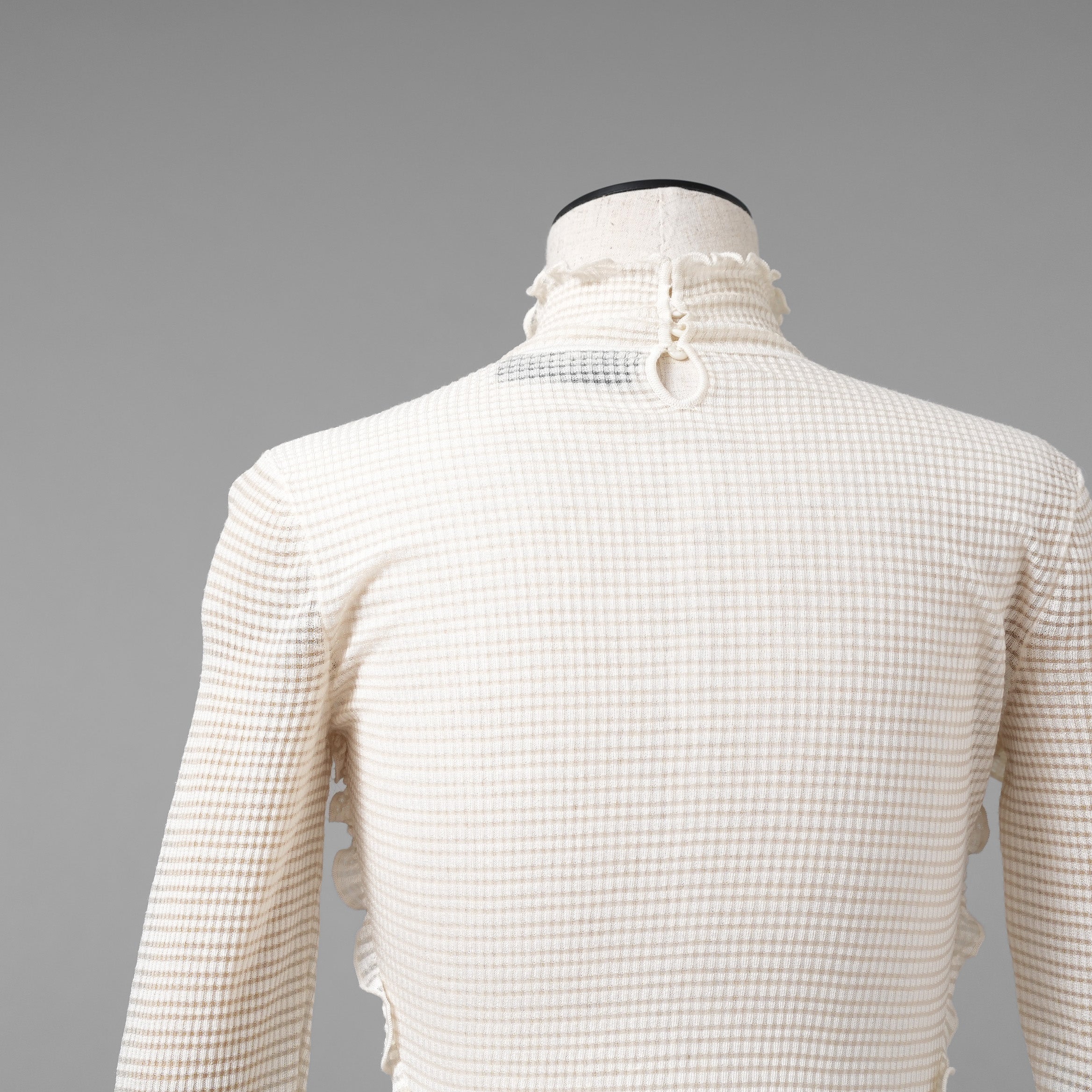 FENDI フェンディ / 美品 22SS シルク シアーチェック柄 フリル ハイネックトップス / 長袖Tシャツ / FZX840 ALAE / size 42 (IVORY)