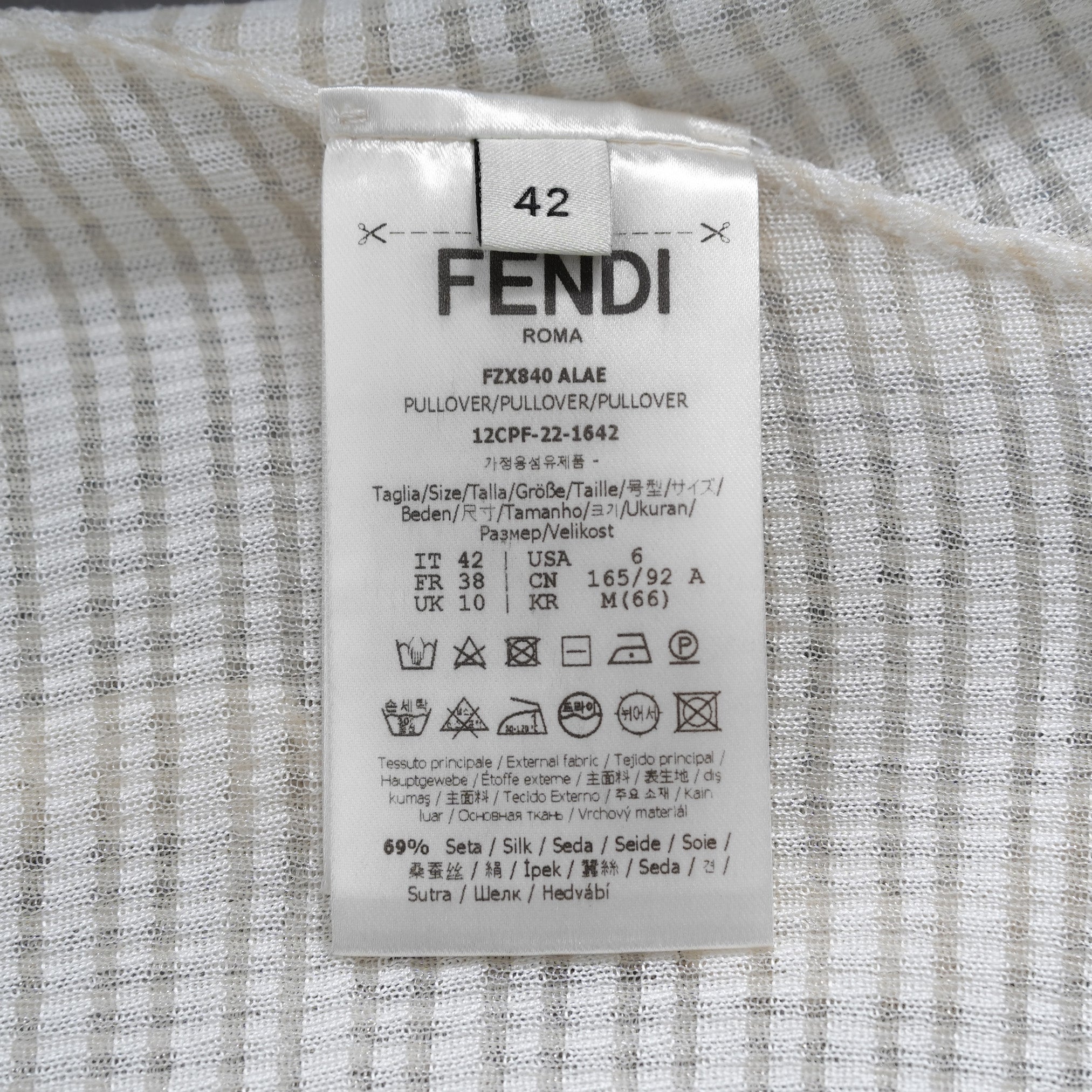 FENDI フェンディ / 美品 22SS シルク シアーチェック柄 フリル ハイネックトップス / 長袖Tシャツ / FZX840 ALAE / size 42 (IVORY)
