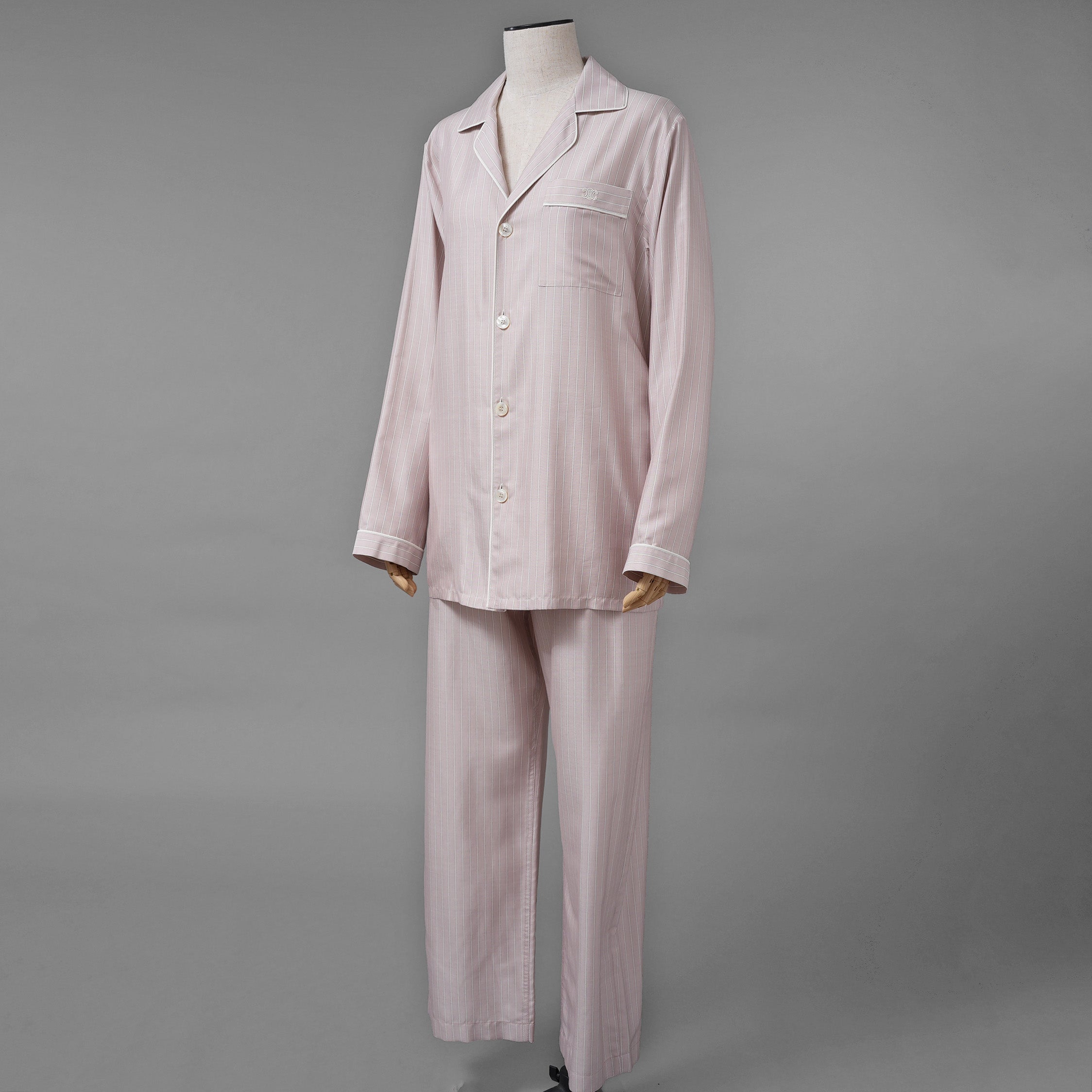 新品 希少 CELINE セリーヌ / 24SS 麻布台ヒルズ限定 トリオンフロゴ入り ストライプシルク パジャマ セットアップ / 長袖シャツ / パンツ / 2C17B948S / 2P26A948S / size 36 (LIGHHT PINK) レディース