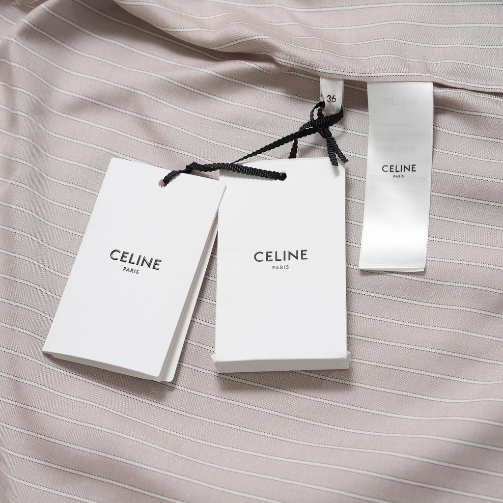 新品 希少 CELINE セリーヌ / 24SS 麻布台ヒルズ限定 トリオンフロゴ入り ストライプシルク パジャマ セットアップ / 長袖シャツ / パンツ / 2C17B948S / 2P26A948S / size 36 (LIGHHT PINK) レディース