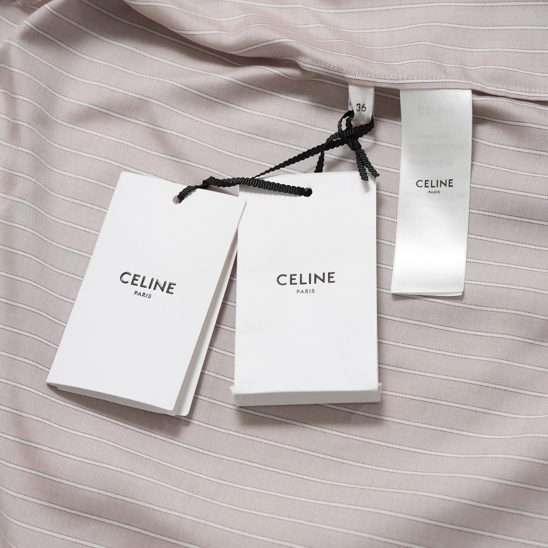 新品 希少 CELINE セリーヌ / 24SS 麻布台ヒルズ限定 トリオンフロゴ入り ストライプシルク パジャマ セットアップ / 長袖シャツ / パンツ / 2C17B948S / 2P26A948S / size 36 (LIGHHT PINK) レディース