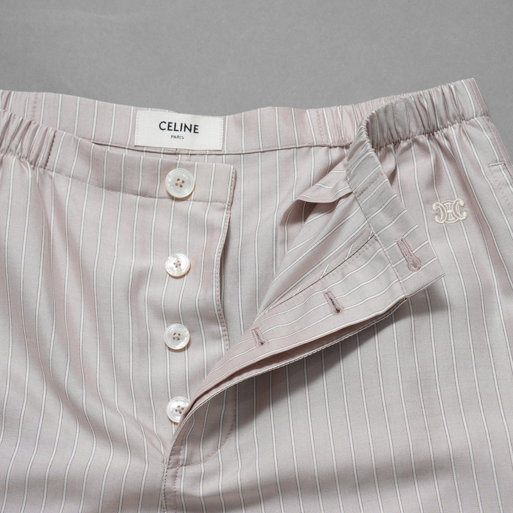 新品 希少 CELINE セリーヌ / 24SS 麻布台ヒルズ限定 トリオンフロゴ入り ストライプシルク パジャマ セットアップ / 長袖シャツ / パンツ / 2C17B948S / 2P26A948S / size 36 (LIGHHT PINK) レディース