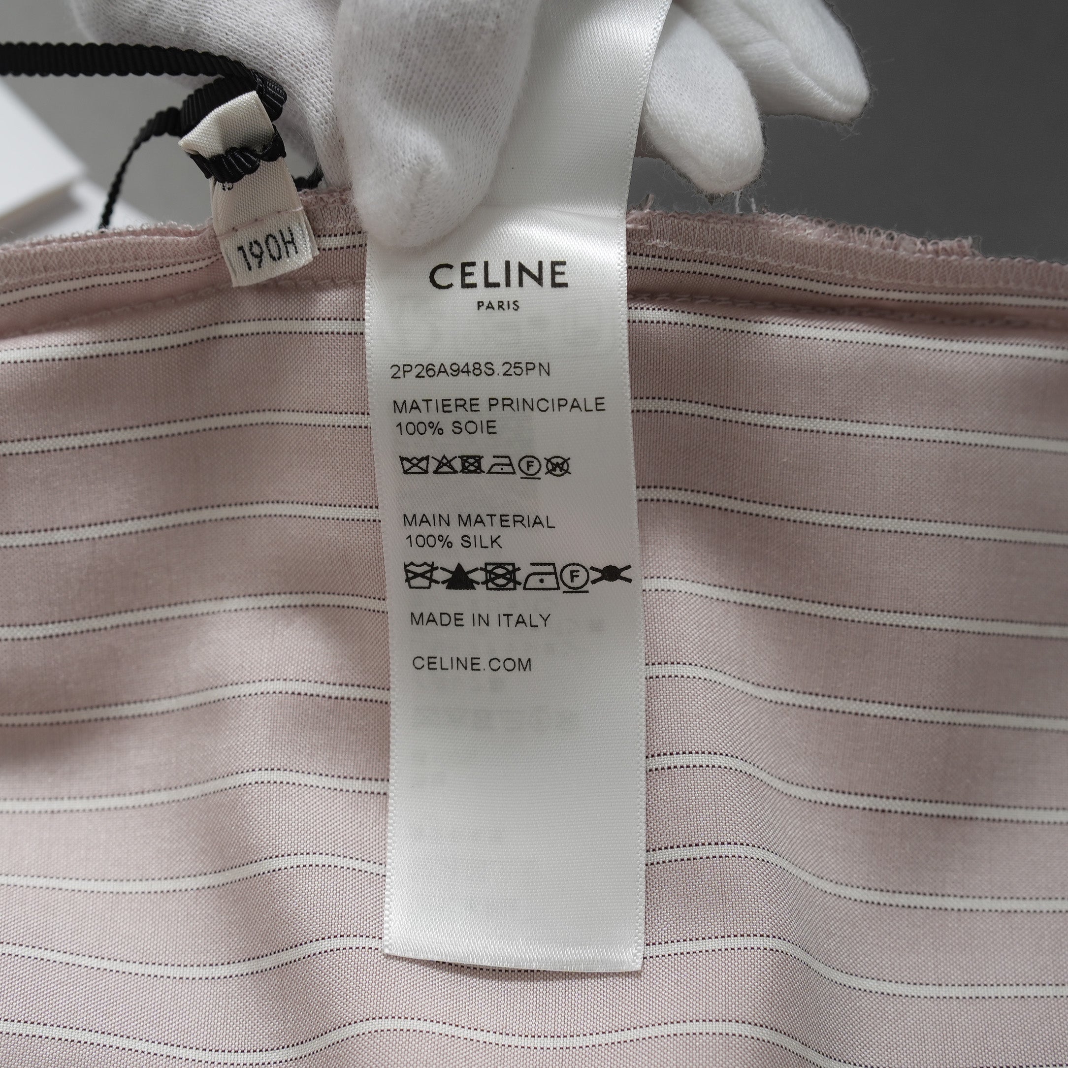 新品 希少 CELINE セリーヌ / 24SS 麻布台ヒルズ限定 トリオンフロゴ入り ストライプシルク パジャマ セットアップ / 長袖シャツ / パンツ / 2C17B948S / 2P26A948S / size 36 (LIGHHT PINK) レディース