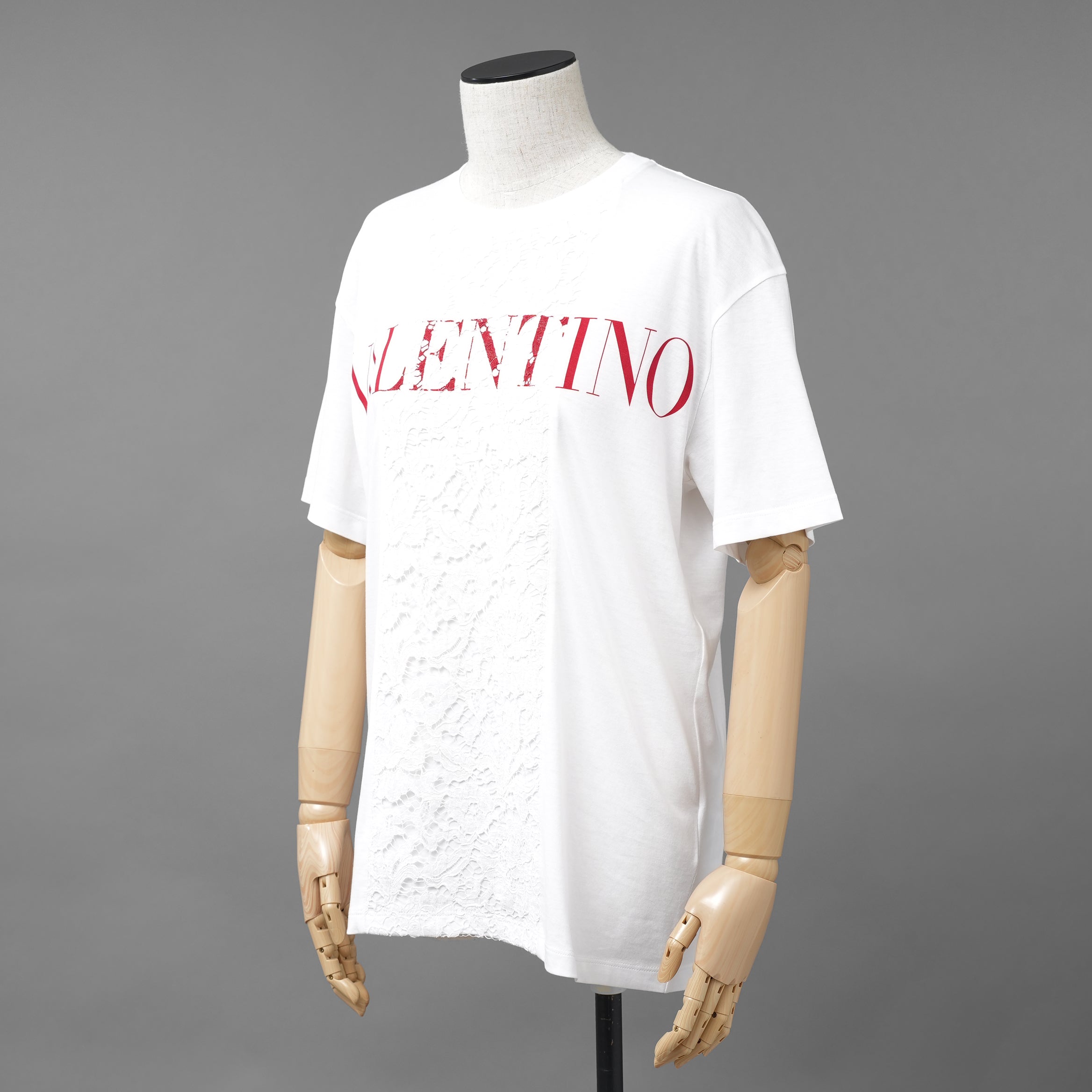 VALENTINO ヴァレンティノ / 22SS ロゴプリント エンブロイダリー  レースパネル  半袖Tシャツ / size XS (WHITE) レディース