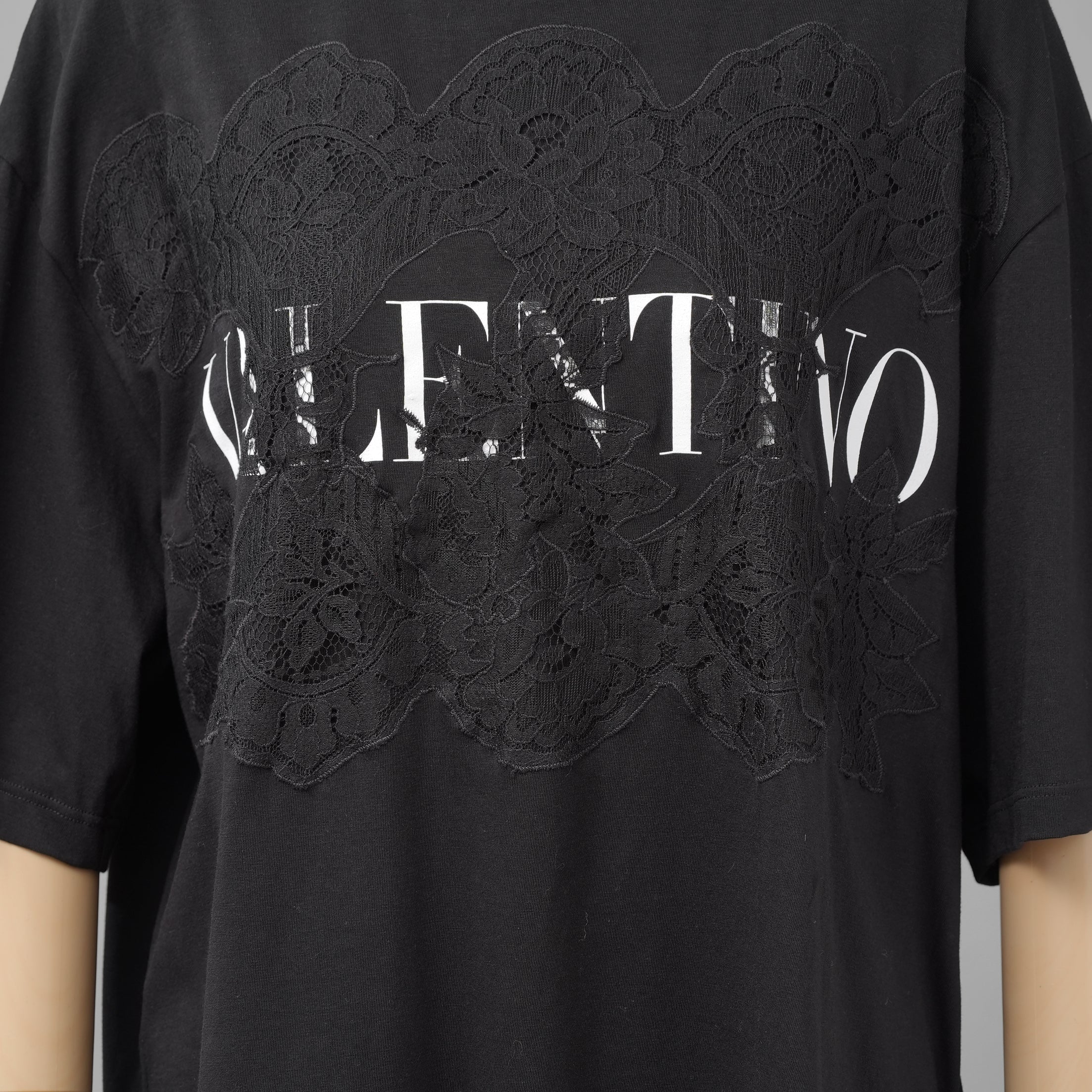 VALENTINO ヴァレンティノ /  20SS ロゴ レースパネル 半袖Tシャツ / オーバーサイズ  / WB3MG 14W6K7 / size S (BLACK) レディース