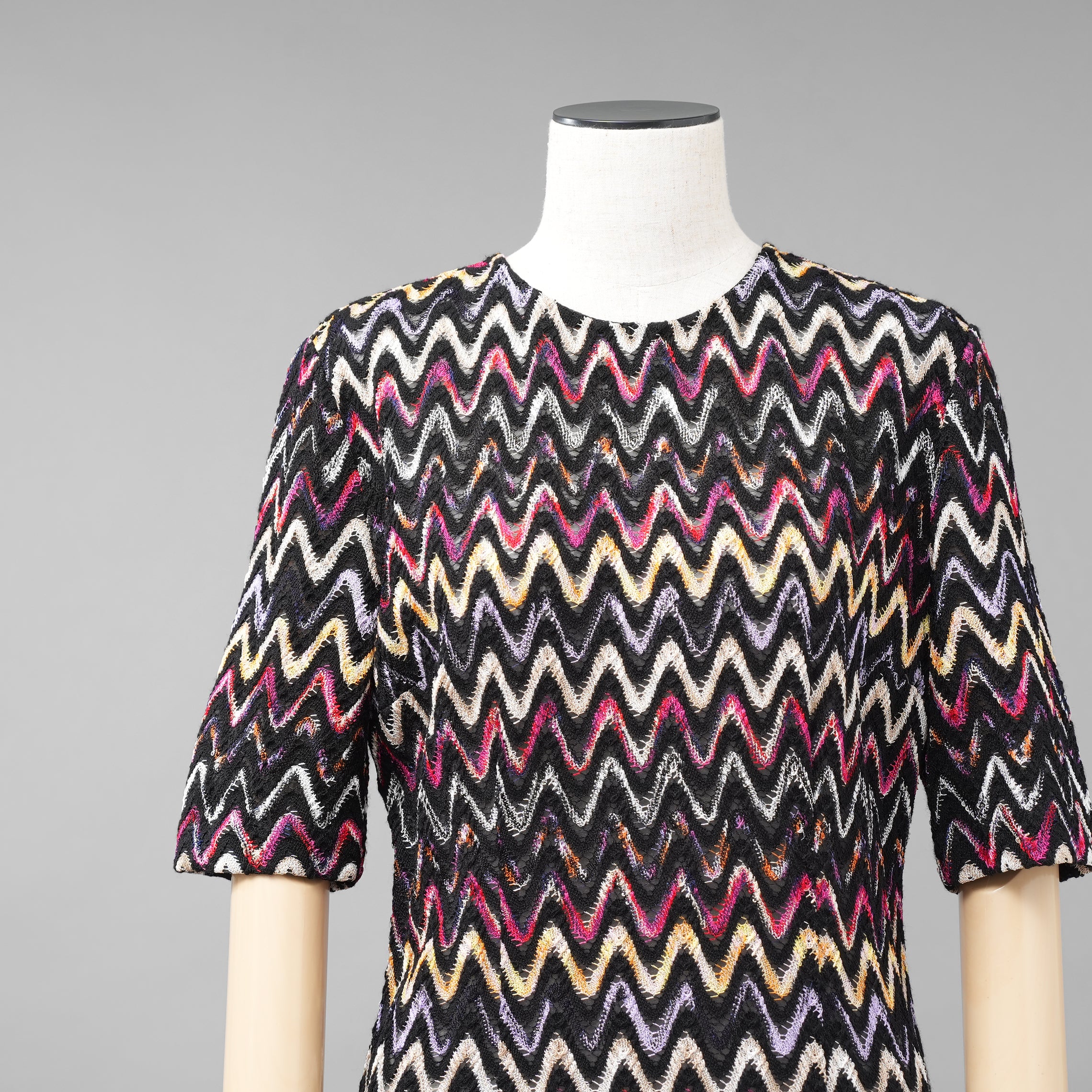 MISSONI ミッソーニ / 美品 23AW かぎ針編みニット 半袖ミニワンピース / DS23WG31 / size 44 (BLACK)