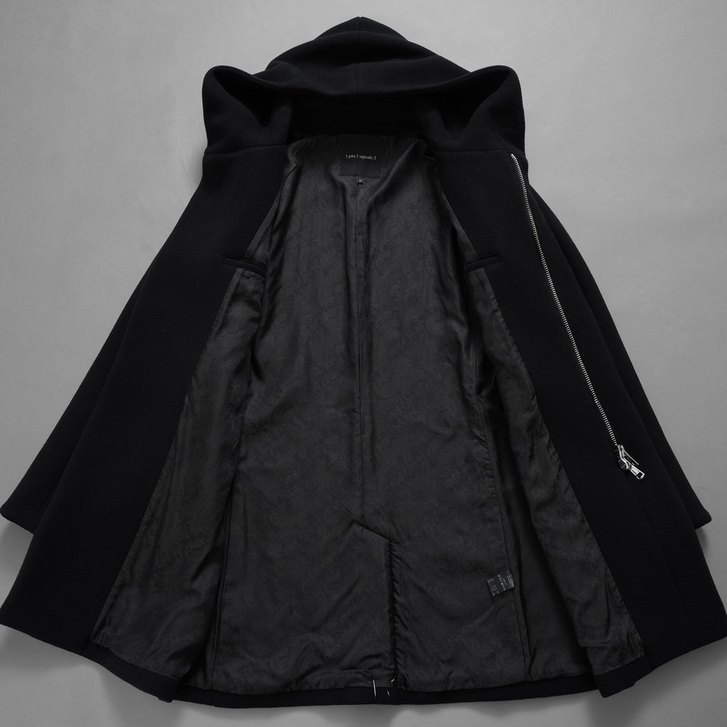 1PIU1UGUALE3 ウノピゥウノウグァーレトレ / 18AW 美品 WRAP NECK HOOD COAT ウールカシミア メルトンコート アウター / MRC060 WNY016 / size 4 (BLACK) 123023-alm