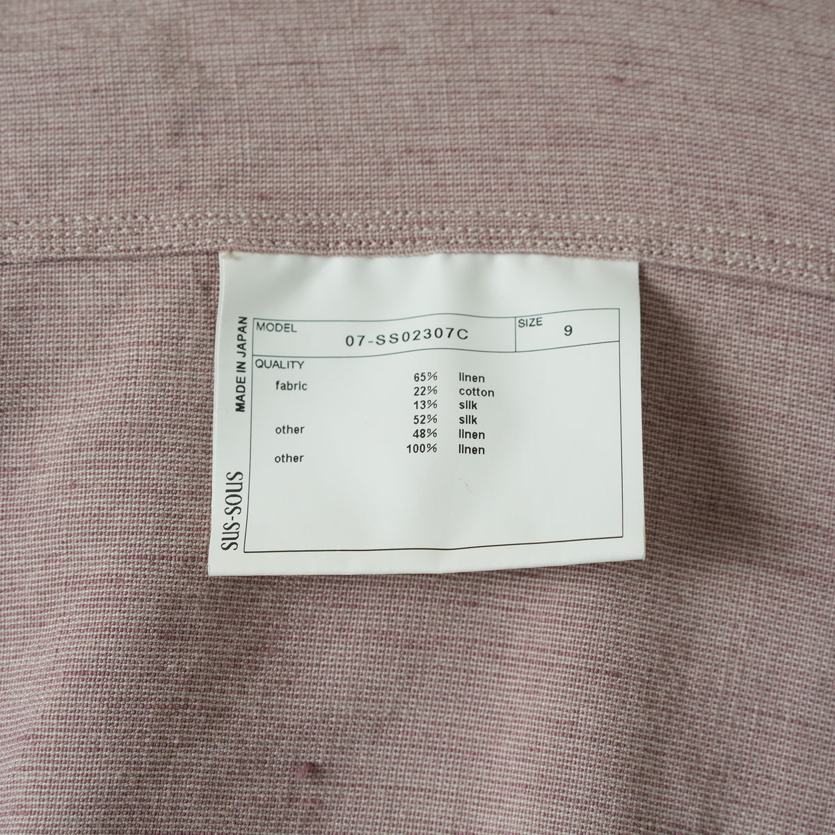 SUS-SOUS シュスー / 美品 22SS shirts officers 長袖シャツ / 07-SS02307C / size 9 (PINK) 123022-alm