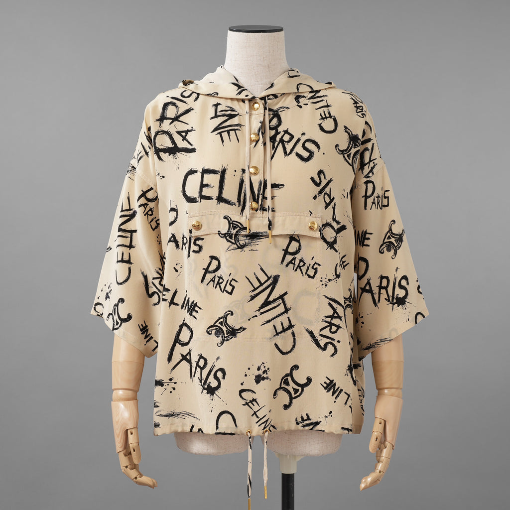 CELINE セリーヌ / 美品 22SS  トリオンフ & ロゴ スクリブル(落書き) プリント クレープ・ド・シーヌ シルク プルオーバー フーディ / 2B636731R / size 36 (BEIGE) レディース