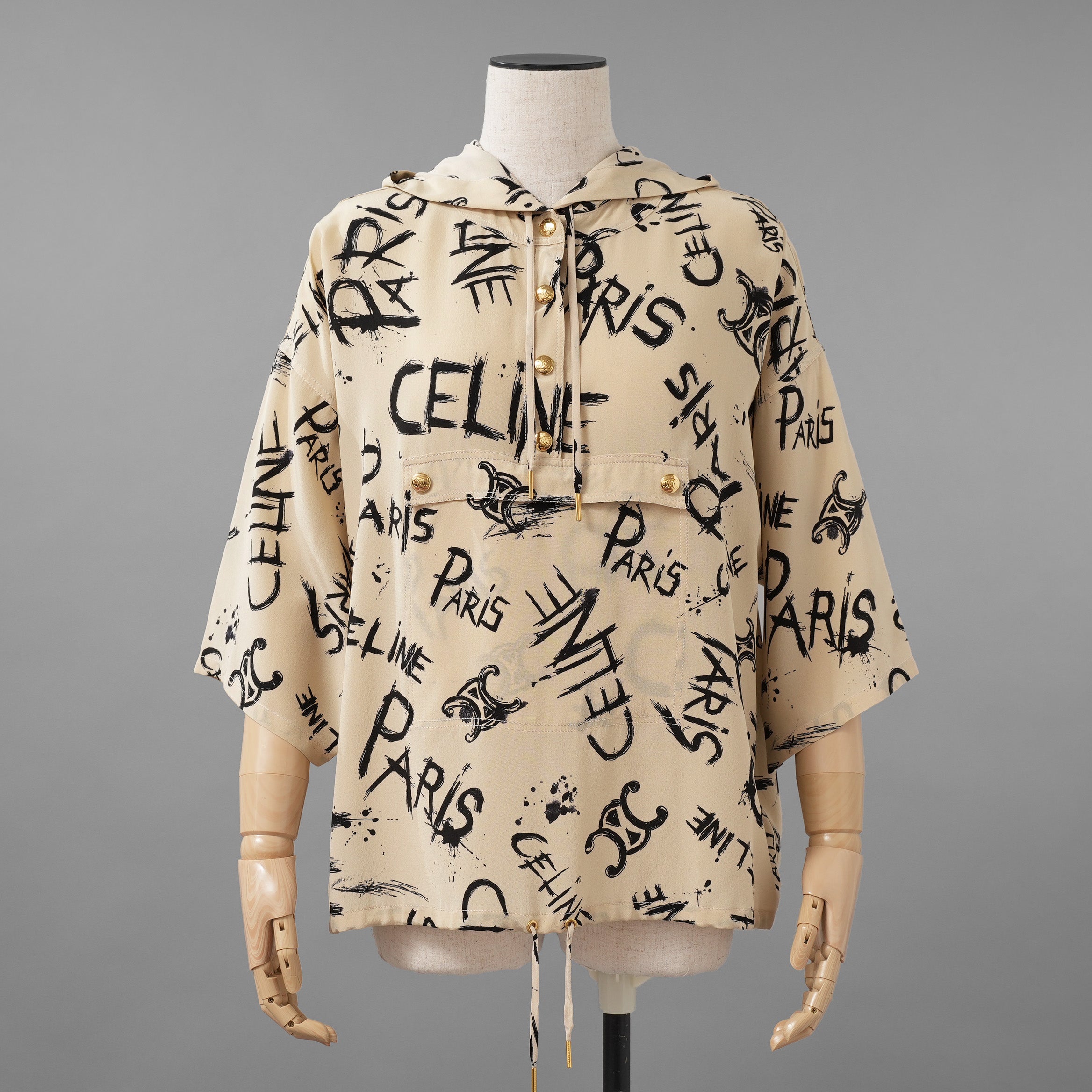 CELINE セリーヌ / 美品 22SS  トリオンフ & ロゴ スクリブル(落書き) プリント クレープ・ド・シーヌ シルク プルオーバー フーディ / 2B636731R / size 36 (BEIGE) レディース