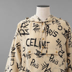 CELINE セリーヌ / 美品 22SS  トリオンフ & ロゴ スクリブル(落書き) プリント クレープ・ド・シーヌ シルク プルオーバー フーディ / 2B636731R / size 36 (BEIGE) レディース