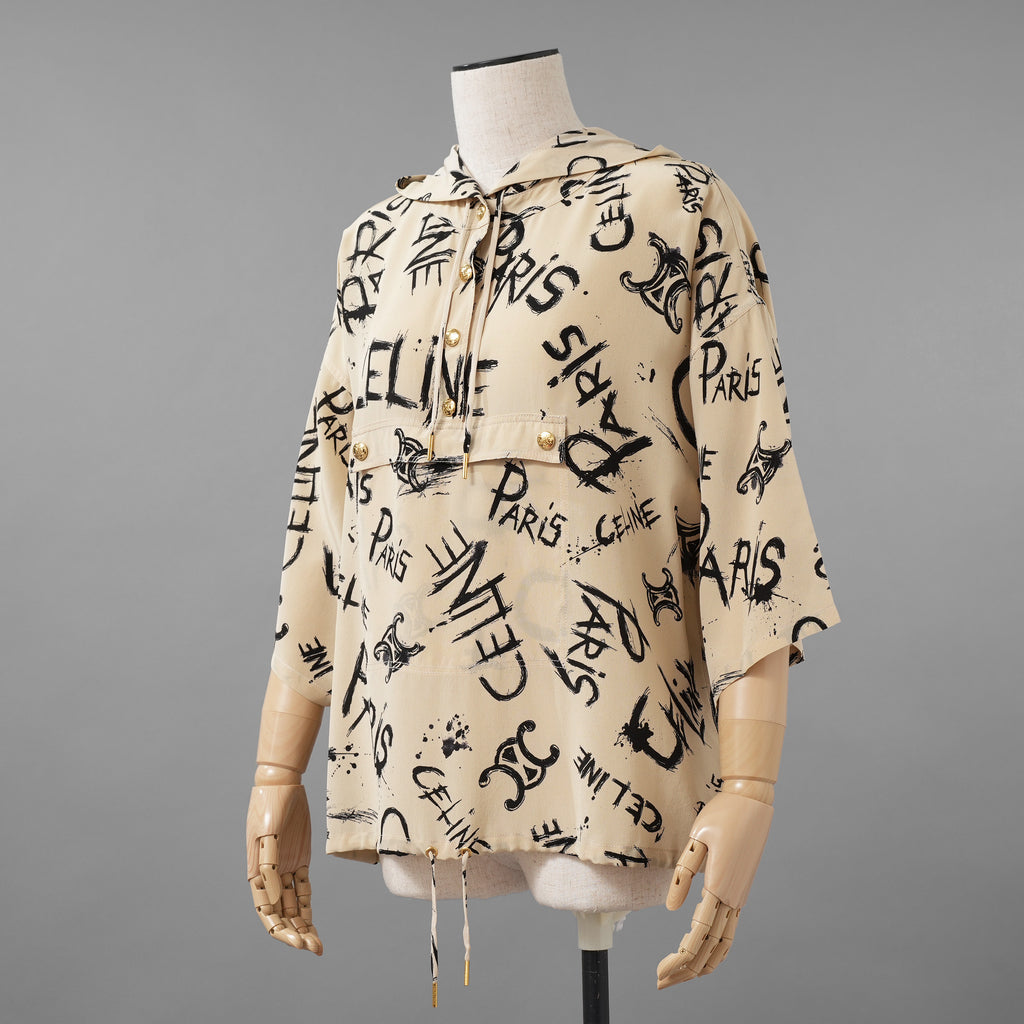 CELINE セリーヌ / 美品 22SS  トリオンフ & ロゴ スクリブル(落書き) プリント クレープ・ド・シーヌ シルク プルオーバー フーディ / 2B636731R / size 36 (BEIGE) レディース