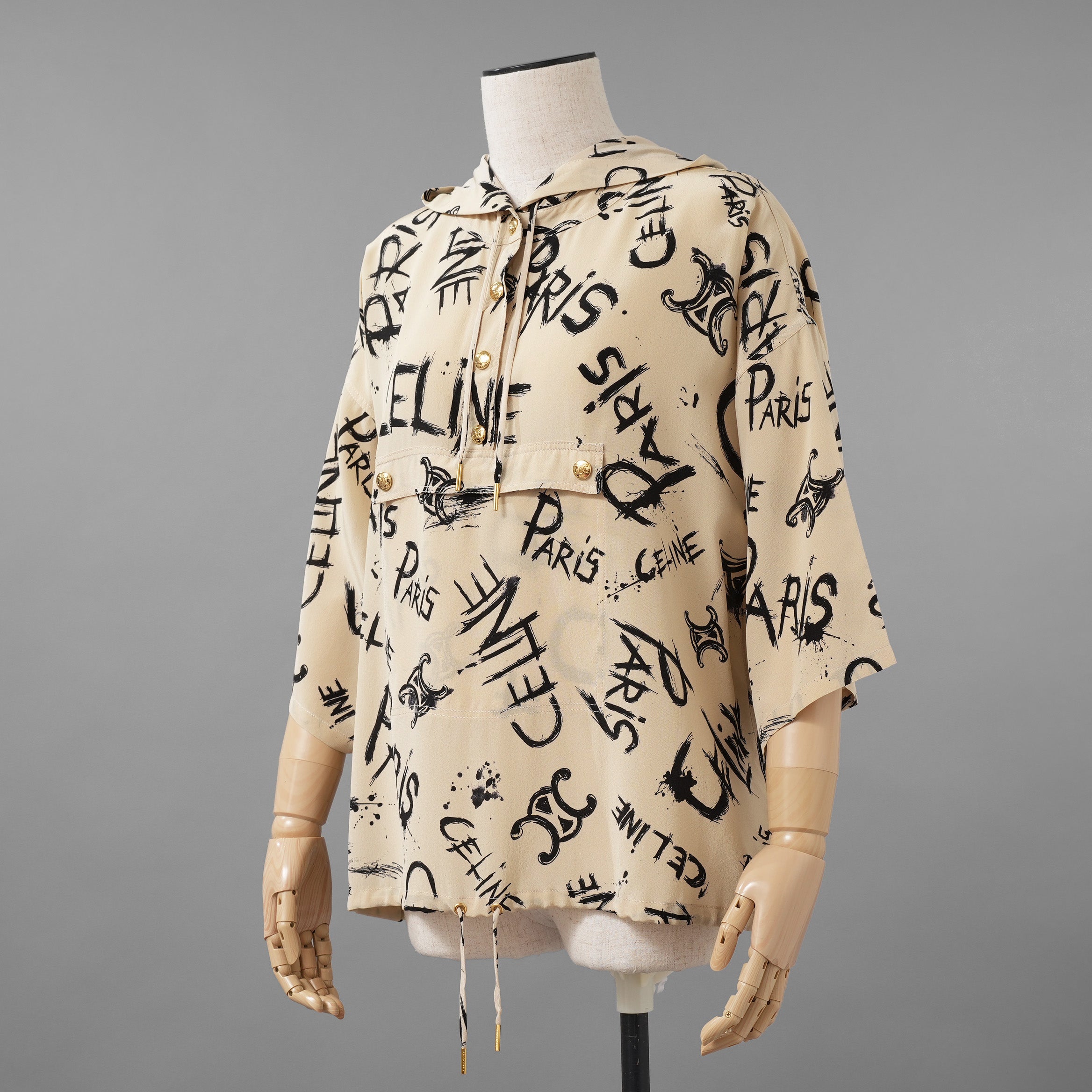 CELINE セリーヌ / 美品 22SS  トリオンフ & ロゴ スクリブル(落書き) プリント クレープ・ド・シーヌ シルク プルオーバー フーディ / 2B636731R / size 36 (BEIGE) レディース