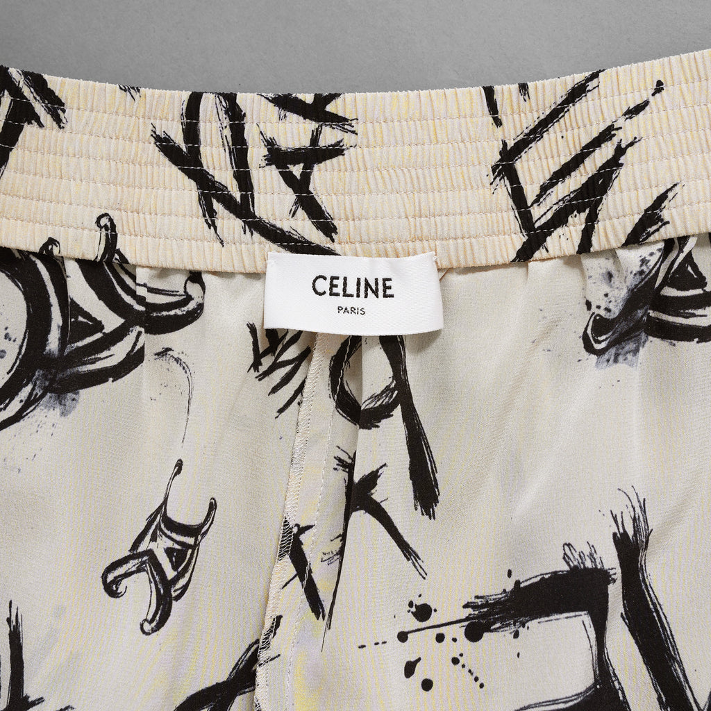 CELINE セリーヌ / 美品 21SS トリオンフ & ロゴ スクリブル プリント クレープ・ド・シーヌ シルク ショートパンツ / ラクガキ プリント /2P711731R / size 38 (BEIGE)