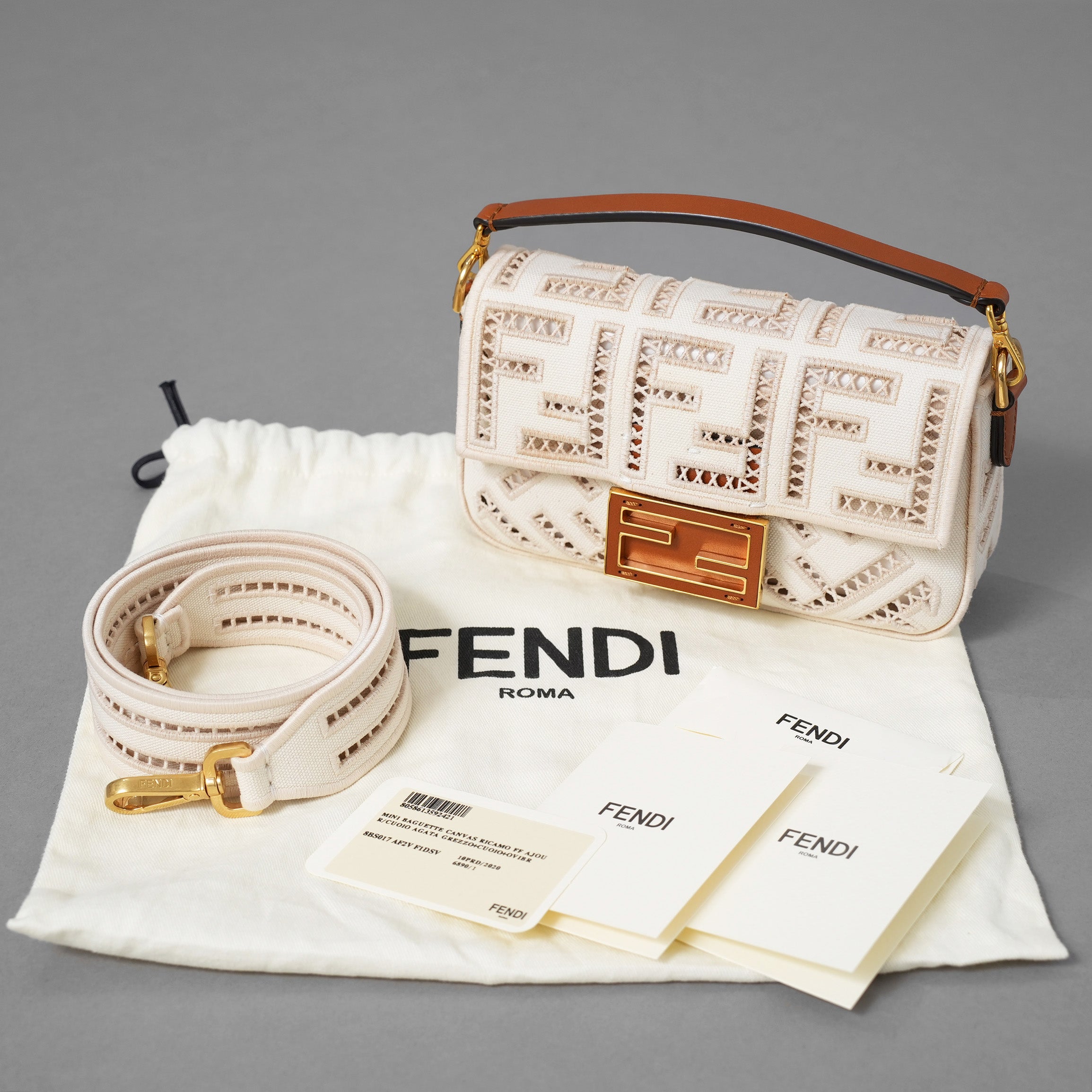 FENDI フェンディ / 21SS BAGUETTE CANVAS RICAMO FF AJOUR バゲット ミニ ハンドバッグ / ショルダーバッグ / 8BS017 AF2V F1DSV / IVORY