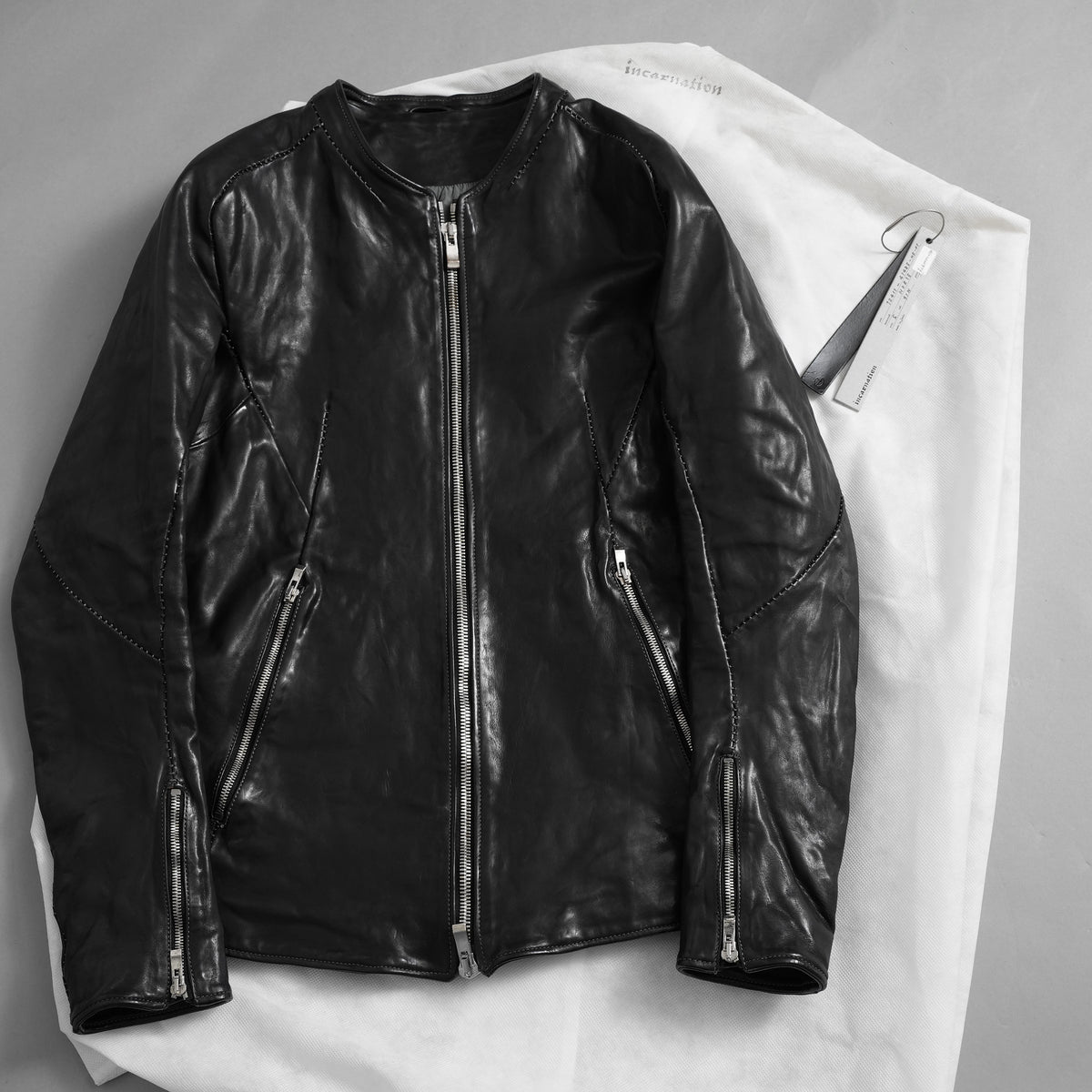 incarnation インカネーション / 極美品 21AW HORSE LEATHER NO COLLAR ZIP/F MOTO #2 LINED JB-4 ホース オーバーロック レザージャケット / 12411-41487-NK-01 / size S (BLACK)