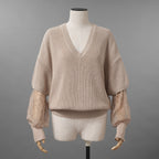 Brunello Cucinelli ブルネロクチネリ / 美品 22SS チュール切替 Vネックセーター /  ルーズフィット/ 袖シアー ビジュー装飾 / size XS (BEIGE) レディース