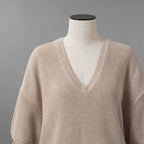 Brunello Cucinelli ブルネロクチネリ / 美品 22SS チュール切替 Vネックセーター /  ルーズフィット/ 袖シアー ビジュー装飾 / size XS (BEIGE) レディース