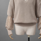 Brunello Cucinelli ブルネロクチネリ / 美品 22SS チュール切替 Vネックセーター /  ルーズフィット/ 袖シアー ビジュー装飾 / size XS (BEIGE) レディース