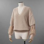 Brunello Cucinelli ブルネロクチネリ / 美品 22SS チュール切替 Vネックセーター /  ルーズフィット/ 袖シアー ビジュー装飾 / size XS (BEIGE) レディース