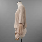 Brunello Cucinelli ブルネロクチネリ / 美品 22SS チュール切替 Vネックセーター /  ルーズフィット/ 袖シアー ビジュー装飾 / size XS (BEIGE) レディース