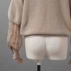 Brunello Cucinelli ブルネロクチネリ / 美品 22SS チュール切替 Vネックセーター /  ルーズフィット/ 袖シアー ビジュー装飾 / size XS (BEIGE) レディース
