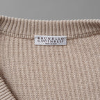 Brunello Cucinelli ブルネロクチネリ / 美品 22SS チュール切替 Vネックセーター /  ルーズフィット/ 袖シアー ビジュー装飾 / size XS (BEIGE) レディース