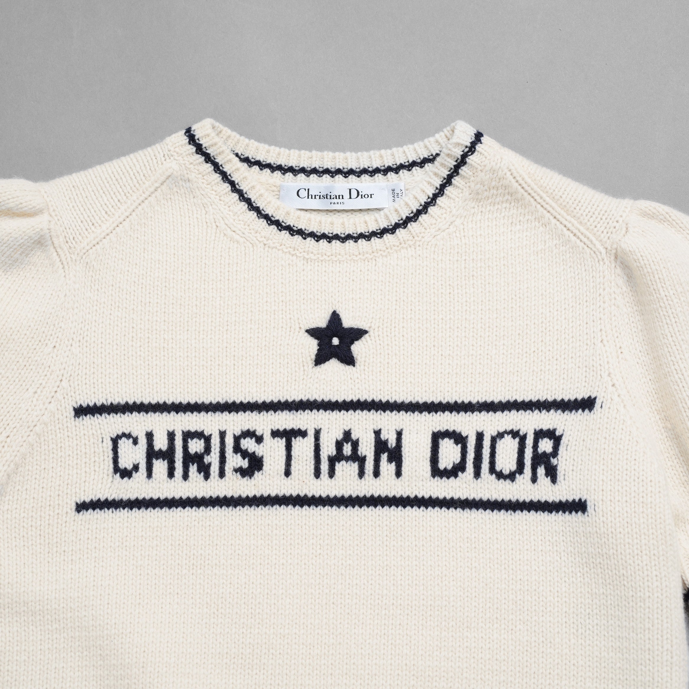 Christian Dior クリスチャンディオール / 21SS ロゴ 刺繍 カシミヤ混ウール 半袖ニット / 154S09AM305 / size 42 (IVORY) レディース