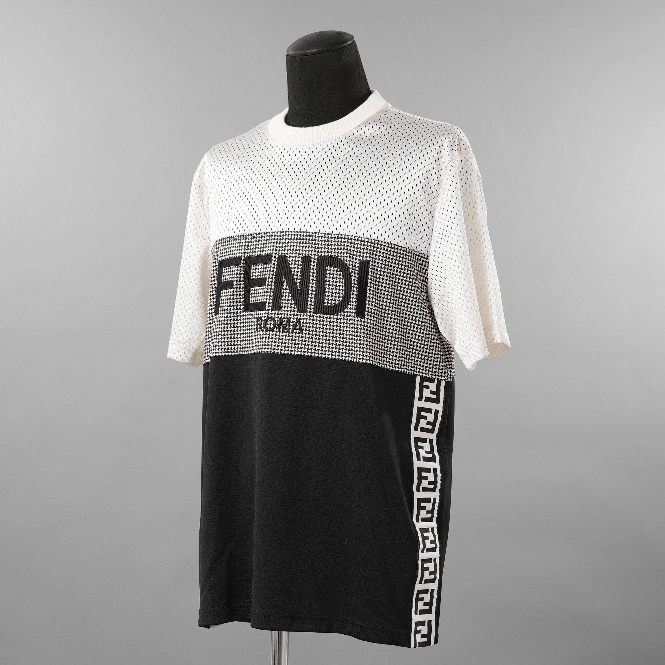FENDI フェンディ / 美品 22SS テクニカルメッシュ FF柄 サイドテープ ロゴ 半袖TシャツFAF649AL49 / size L (WHITE x BLACK)