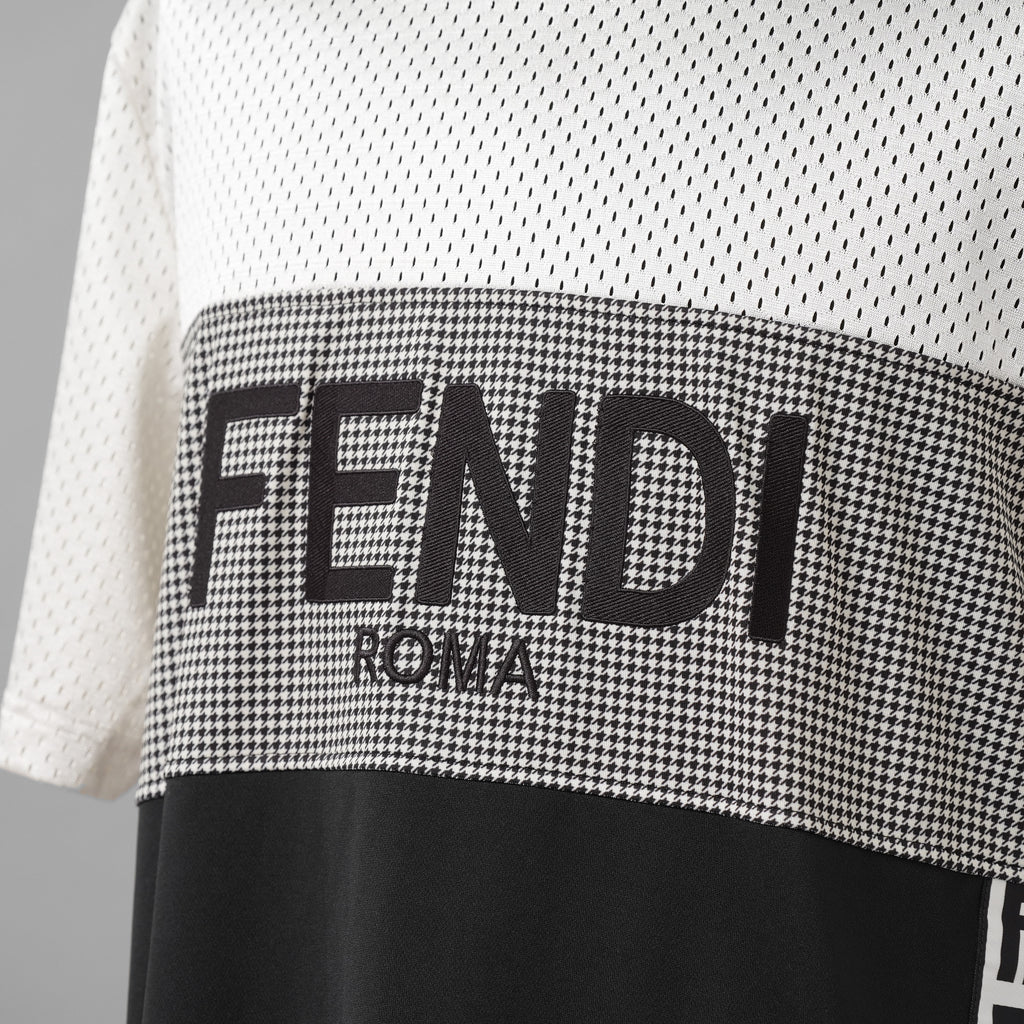 FENDI フェンディ / 美品 22SS テクニカルメッシュ FF柄 サイドテープ ロゴ 半袖Tシャツ / FAF649AL49 / size L (WHITE x BLACK)