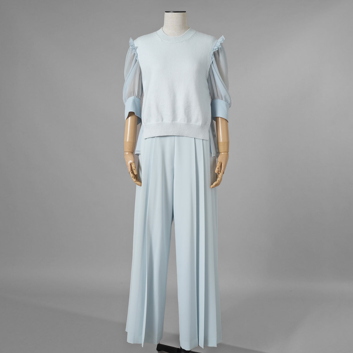 ADEAM アディアム / 美品 23SS ニット シアーシフォンスリーブ ドッキング トップス / プリーツワイドパンツ セットアップ / 43413 ASK0X 07VT-2 / 43515 ASP0X0T / size S (LIGHT BLUE) レディース 352125-izm