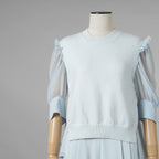 ADEAM アディアム / 美品 23SS ニット シアーシフォンスリーブ ドッキング トップス / プリーツワイドパンツ セットアップ / 43413 ASK0X 07VT-2 / 43515 ASP0X0T / size S (LIGHT BLUE) レディース 352125-izm