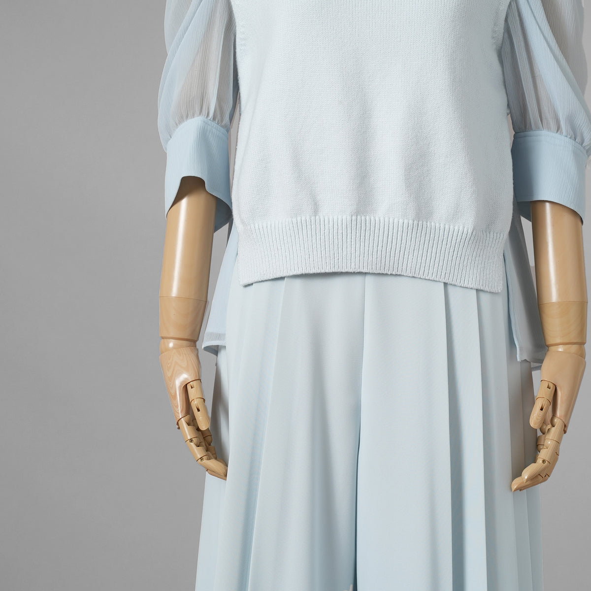 ADEAM アディアム / 美品 23SS ニット シアーシフォンスリーブ ドッキング トップス / プリーツワイドパンツ セットアップ / 43413 ASK0X 07VT-2 / 43515 ASP0X0T / size S (LIGHT BLUE) レディース 352125-izm