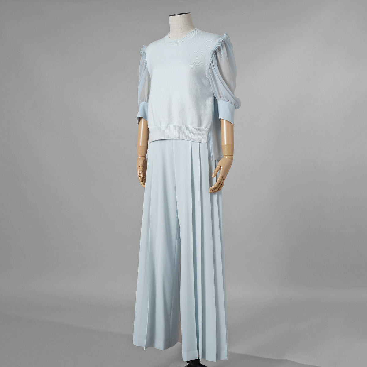 ADEAM アディアム / 美品 23SS ニット シアーシフォンスリーブ ドッキング トップス / プリーツワイドパンツ セットアップ / 43413 ASK0X 07VT-2 / 43515 ASP0X0T / size S (LIGHT BLUE) レディース 352125-izm