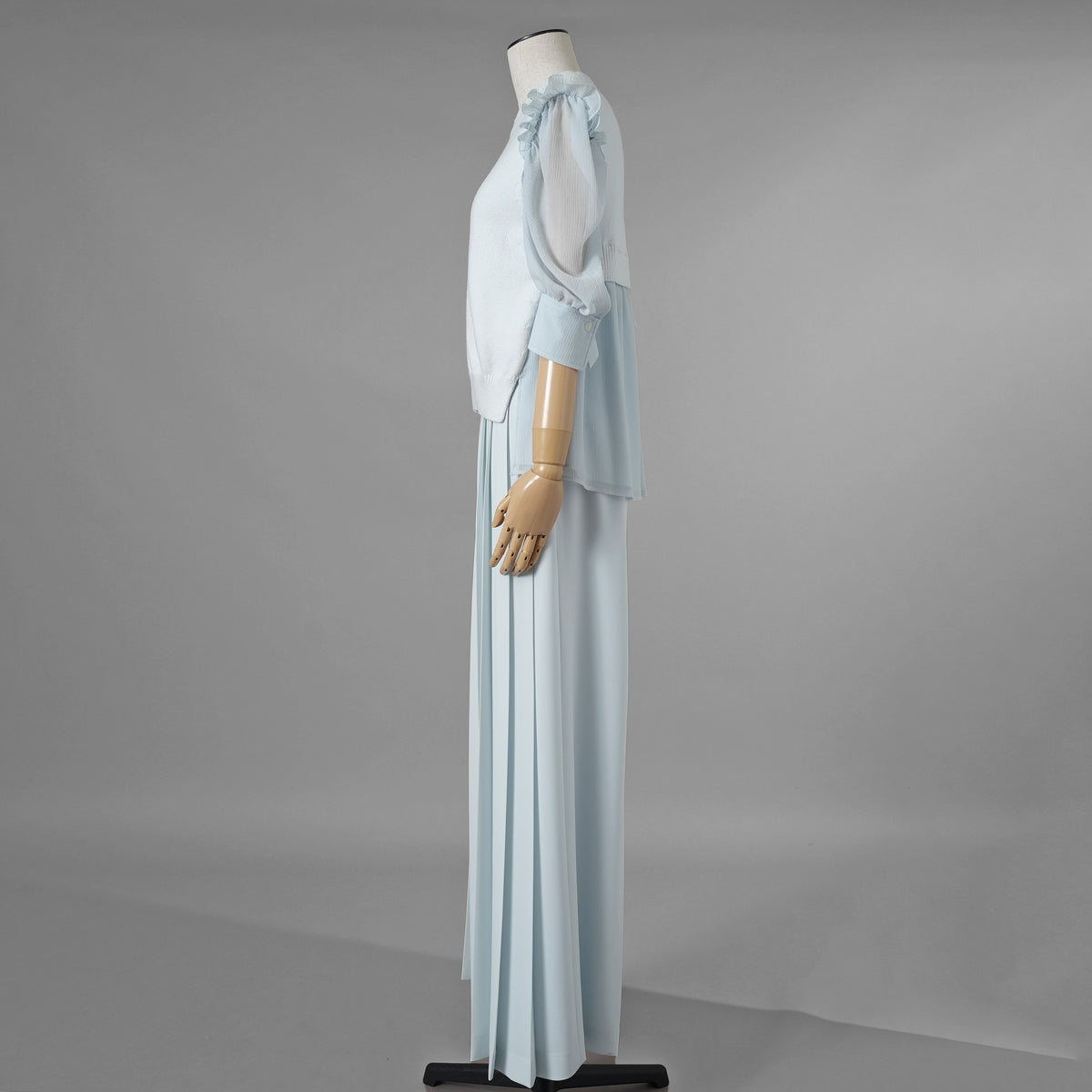 ADEAM アディアム / 美品 23SS ニット シアーシフォンスリーブ ドッキング トップス / プリーツワイドパンツ セットアップ / 43413 ASK0X 07VT-2 / 43515 ASP0X0T / size S (LIGHT BLUE) レディース 352125-izm