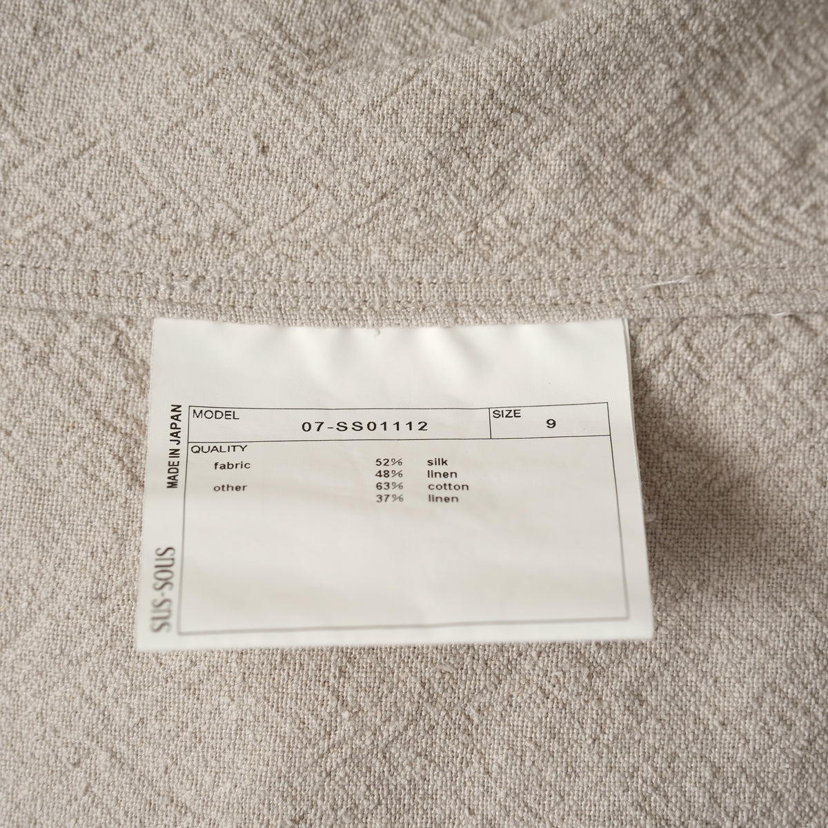 SUS-SOUS シュスー / 美品 22SS オフィサーシャツ 長袖シャツ / 07-SS01112 / size9 (NATURAL)  123054-alm
