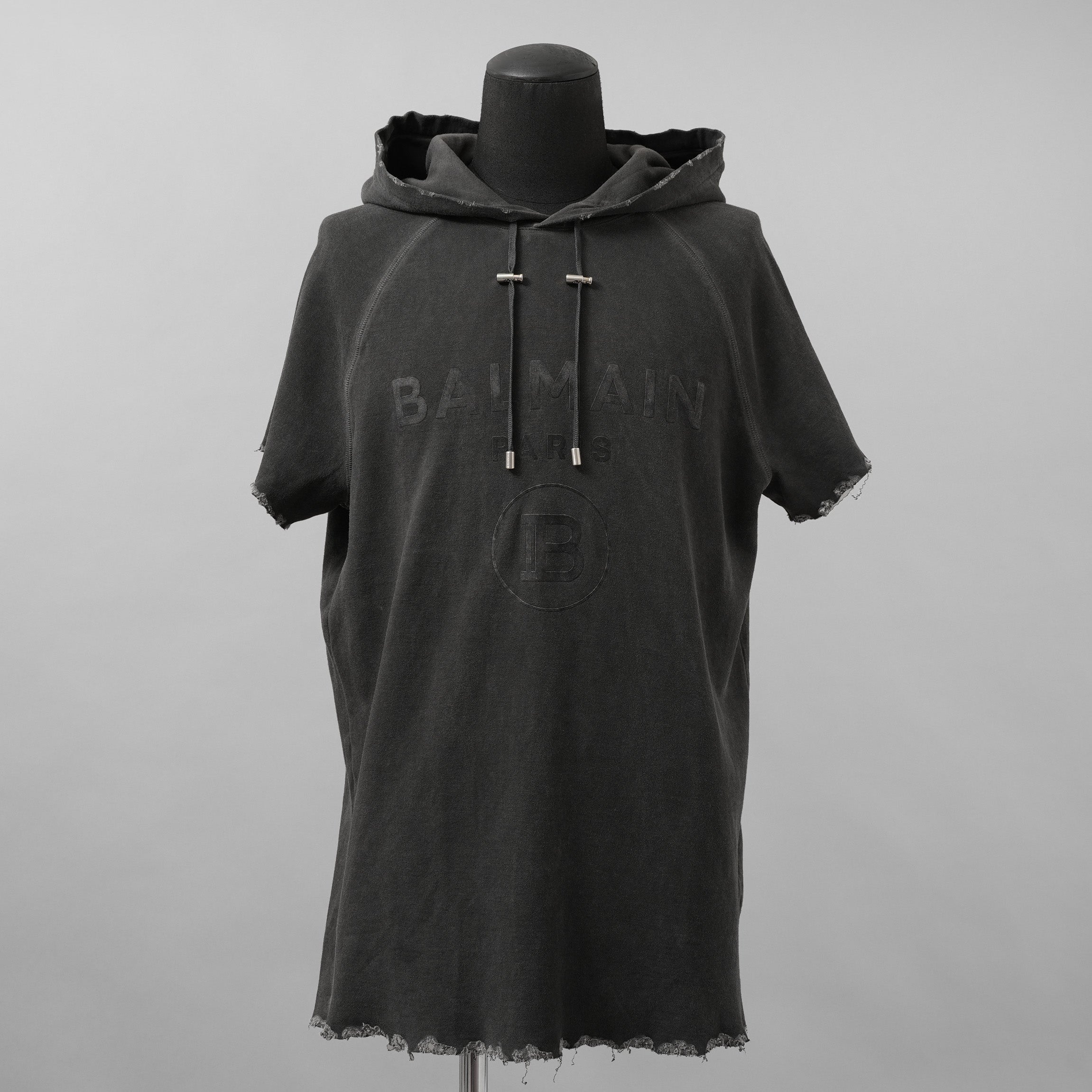BALMAIN バルマン / ヴィンテージ加工 ショートスリーブ フーディ 半袖 パーカー / 3741I208 / size S (DARK GRAY)