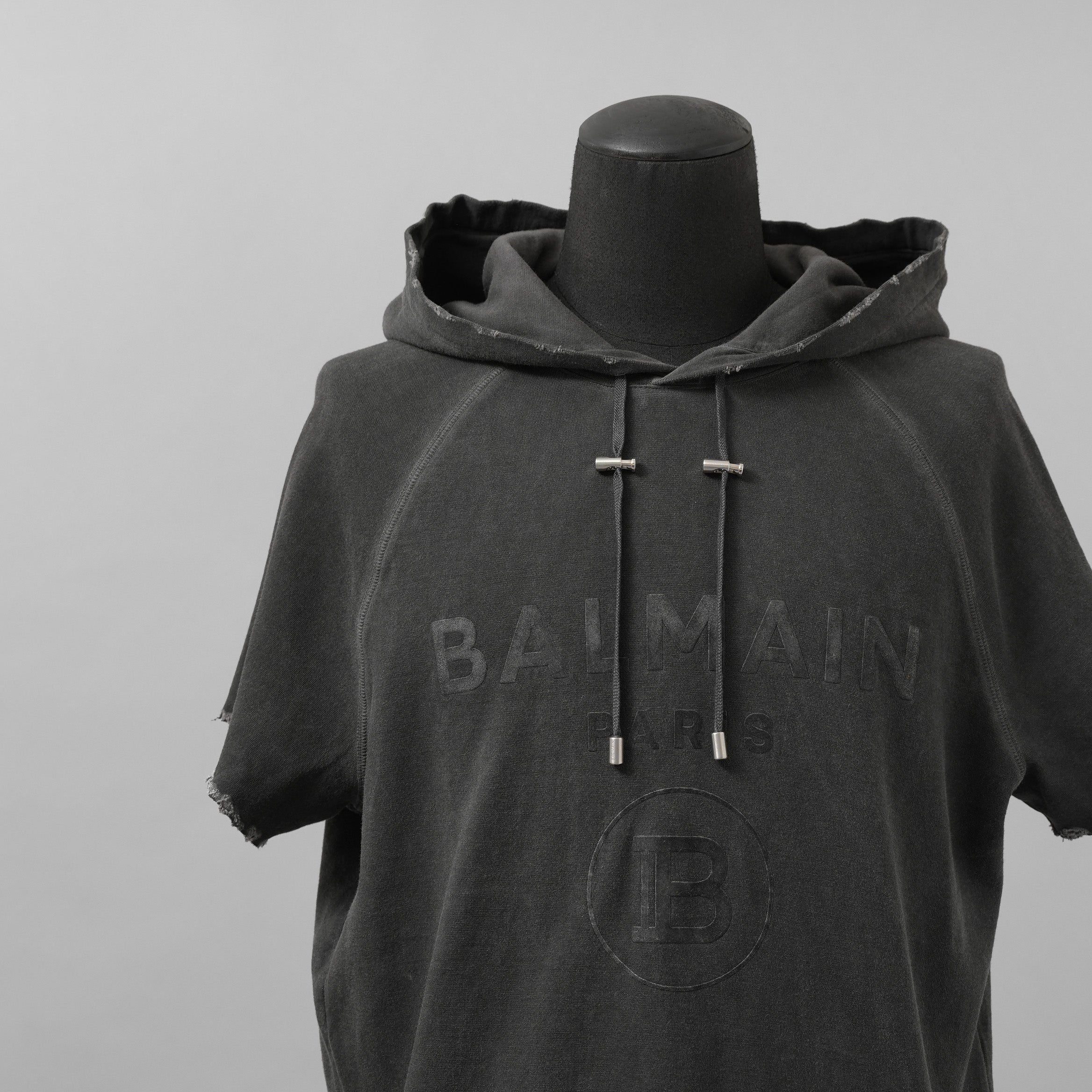BALMAIN バルマン / ヴィンテージ加工 ショートスリーブ フーディ 半袖 パーカー / 3741I208 / size S (DARK GRAY)