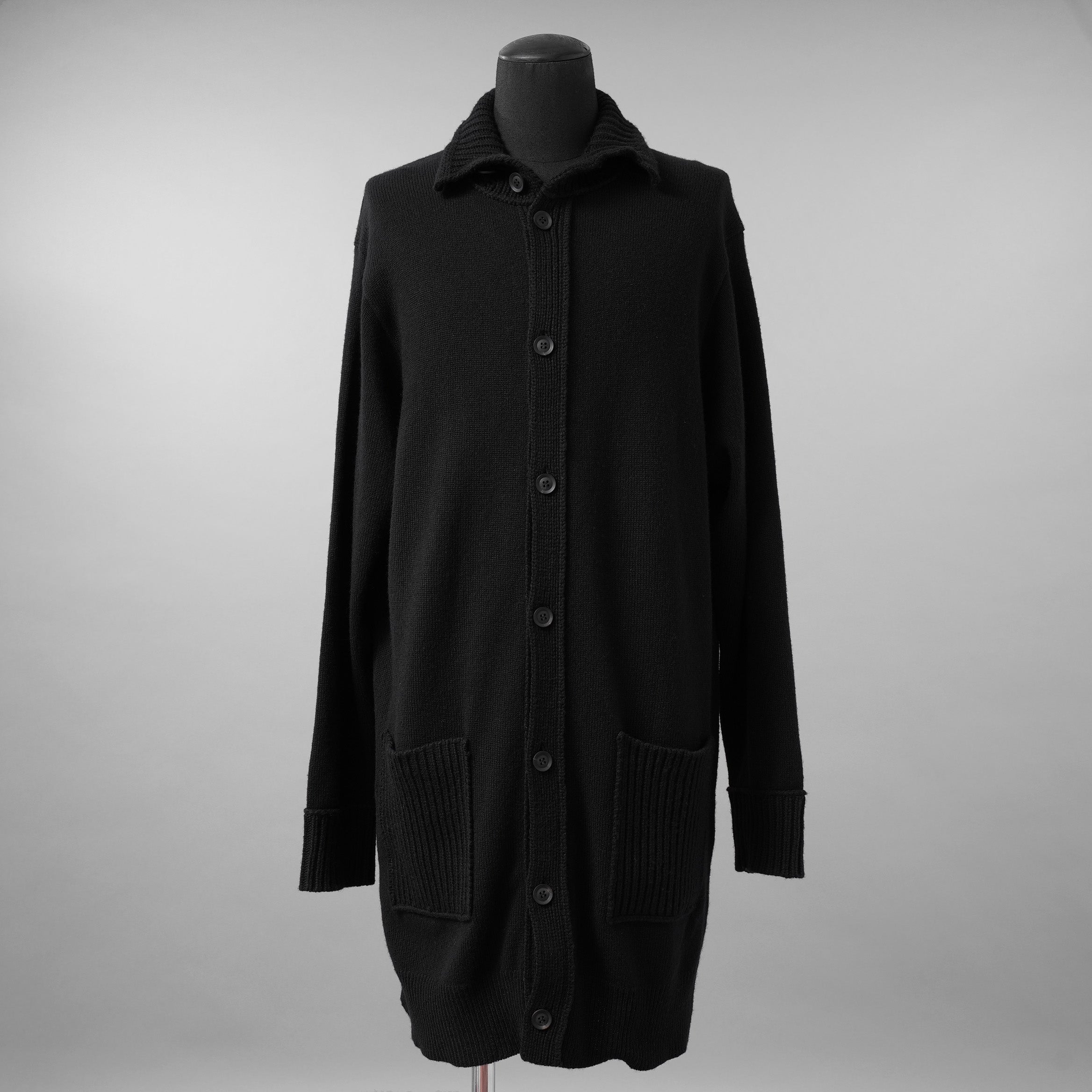 YOHJI YAMAMOTO POUR HOMME ヨウジヤマモト プールオム / 美品 23AW 7G JERSEY 3G RIB DESIGNED NECK LONG CARDIGAN ロング ニット カーディガン / HO-K83-186 / size 3 (BLACK)