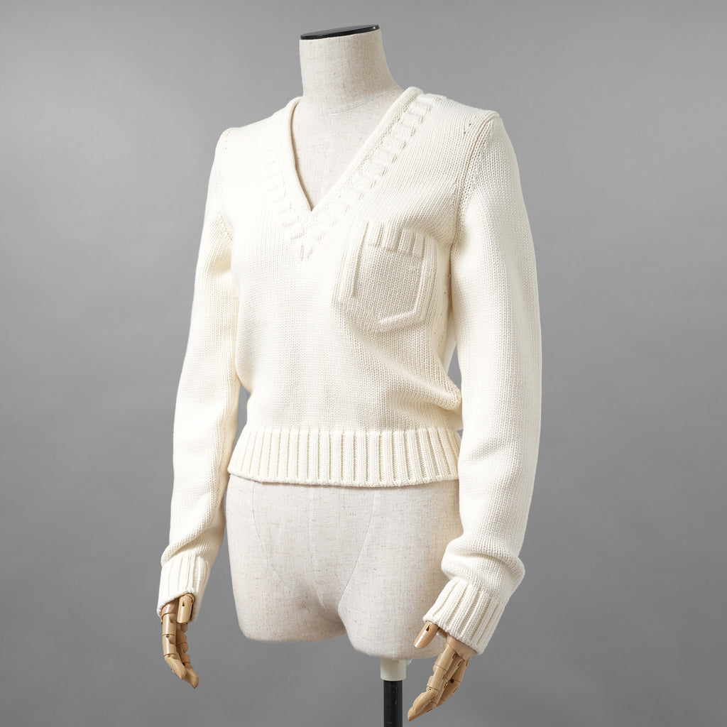 FENDI フェンディ / 21SS フェイクポケット コットン Vネック ニット / FZX625 AF4R / size 42 (WHITE) レディース