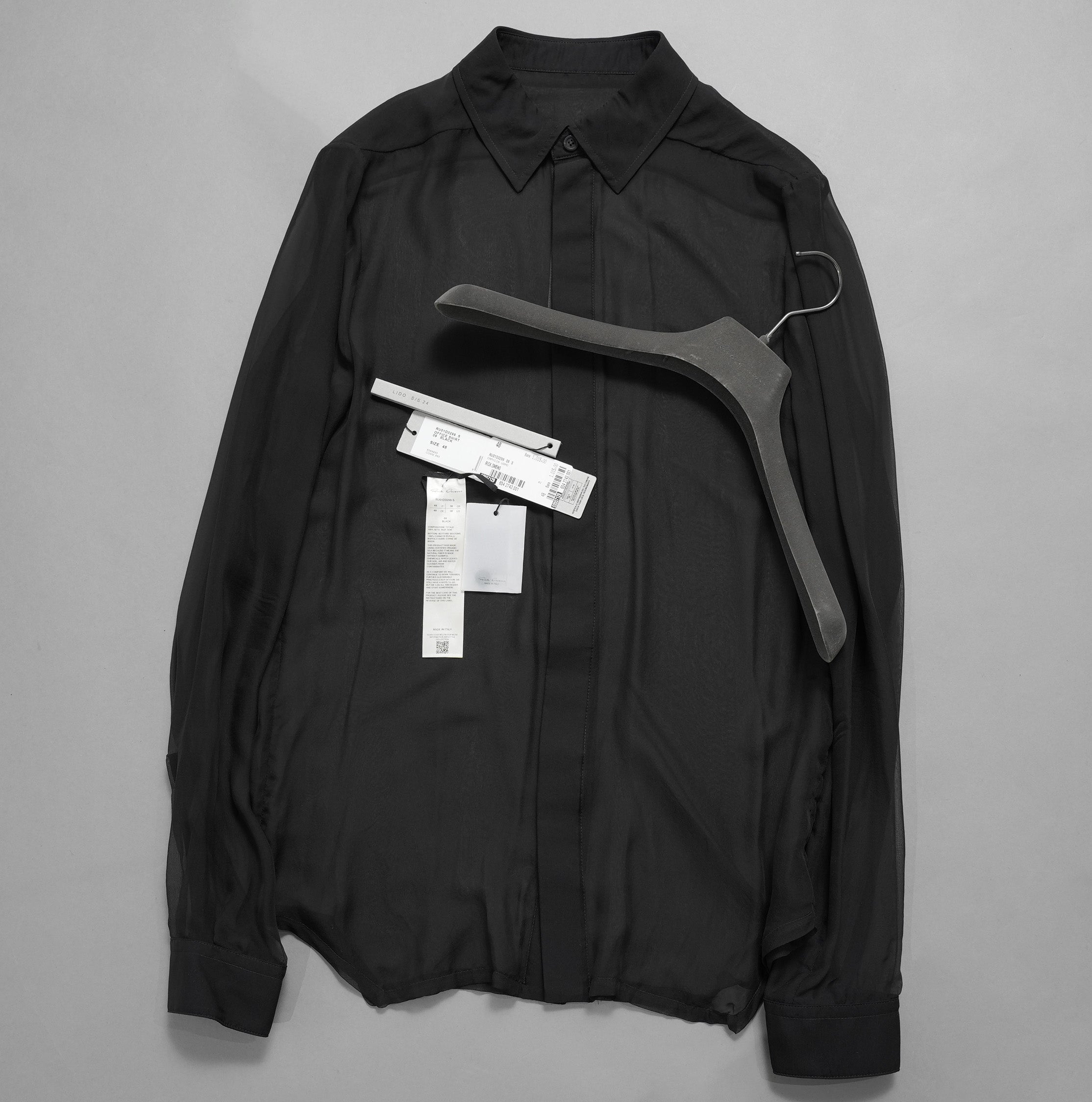 Rick Owens リックオウエンス / 美品 24SS LIDO OFFICE SHIRT シルクシアー 長袖シャツ / RU01D3299-S / size 48 (BLACK)