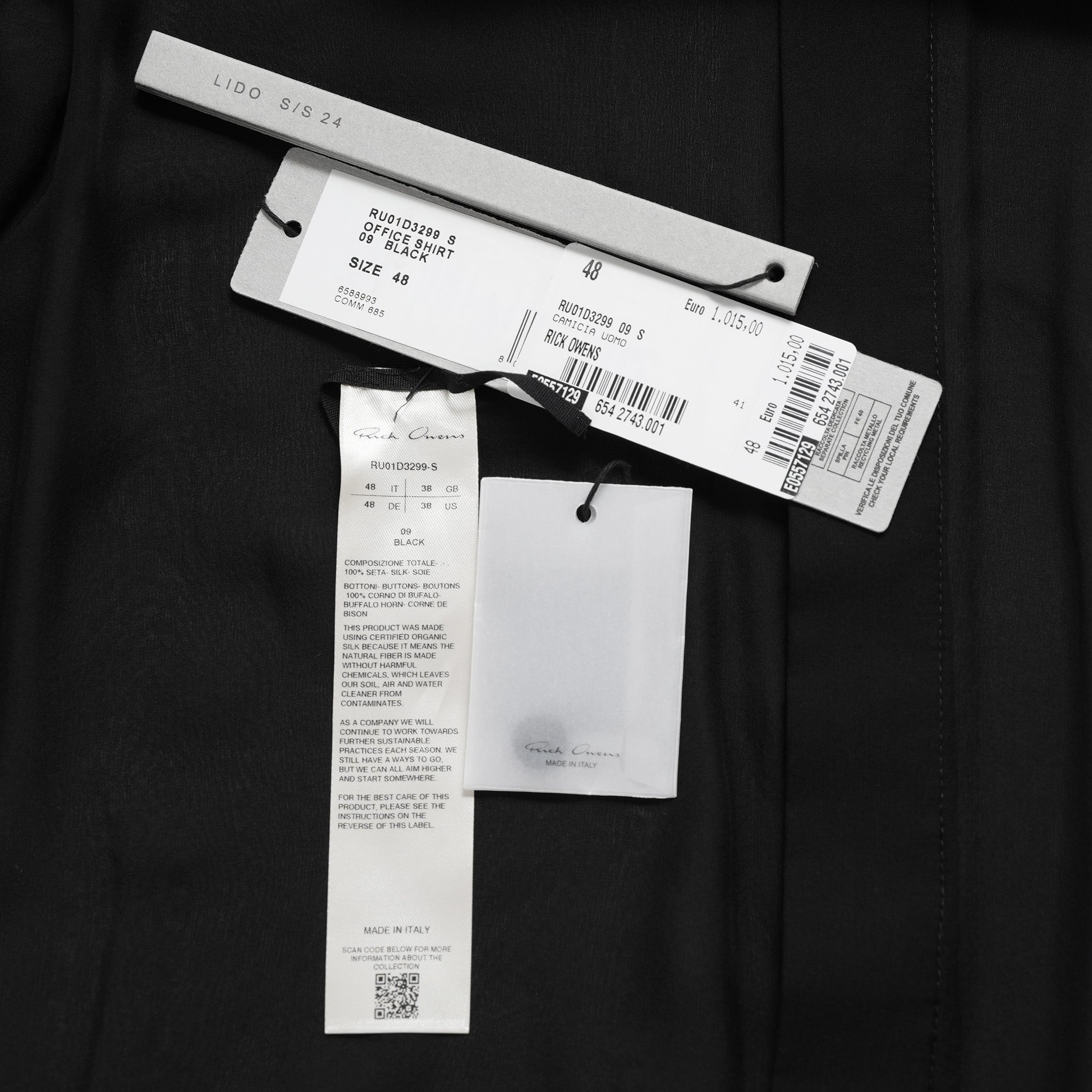 Rick Owens リックオウエンス / 美品 24SS LIDO OFFICE SHIRT シルクシアー 長袖シャツ / RU01D3299-S / size 48 (BLACK)