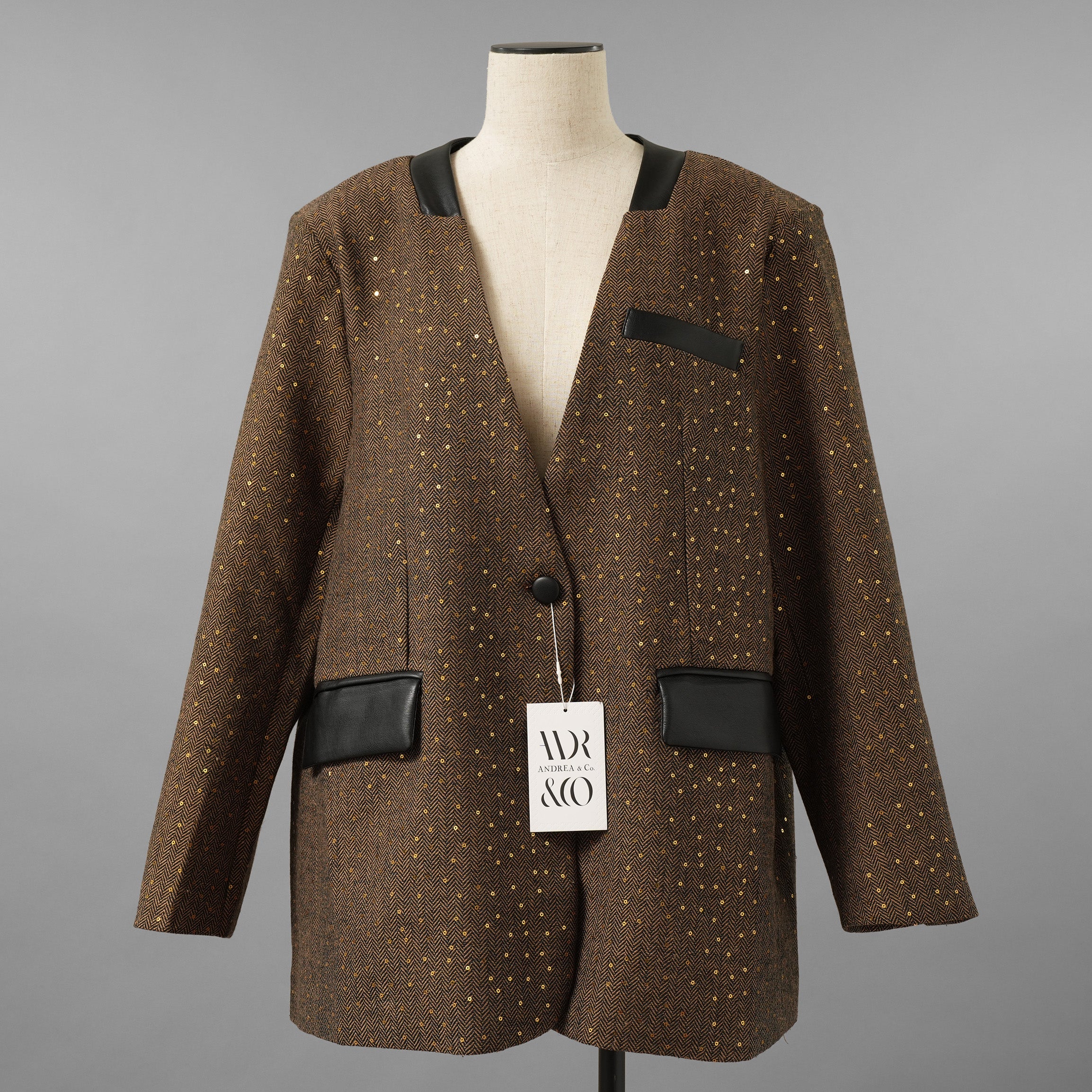 未使用品 ANDREA&Co. アンドレアアンドコー / 25AW シャイニーレザーコンビセットアップ ジャケット スカート / ansun-533 / size FREE (BROWN) レディース