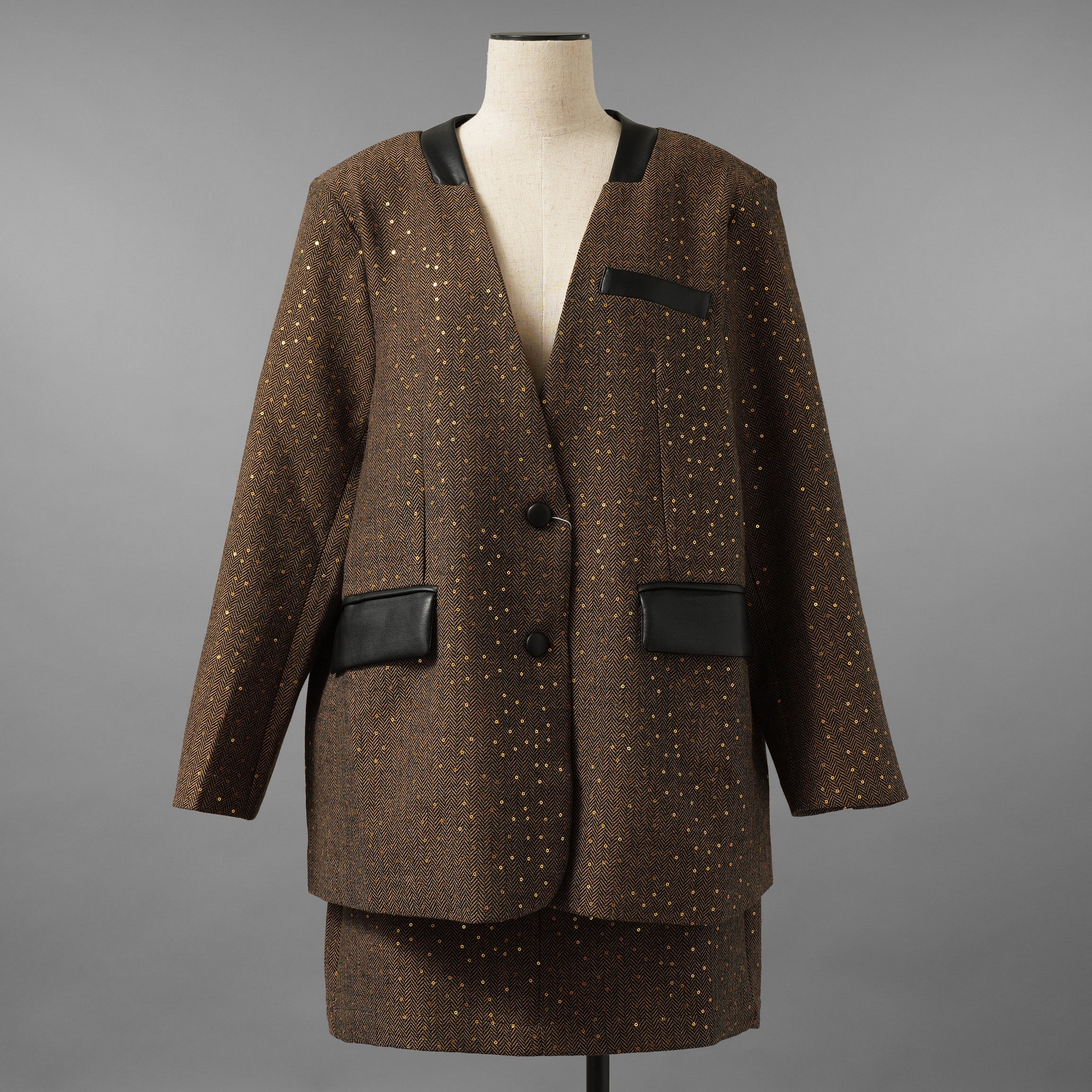 未使用品 ANDREA&Co. アンドレアアンドコー / 25AW シャイニーレザーコンビセットアップ ジャケット スカート / ansun-533 / size FREE (BROWN) レディース