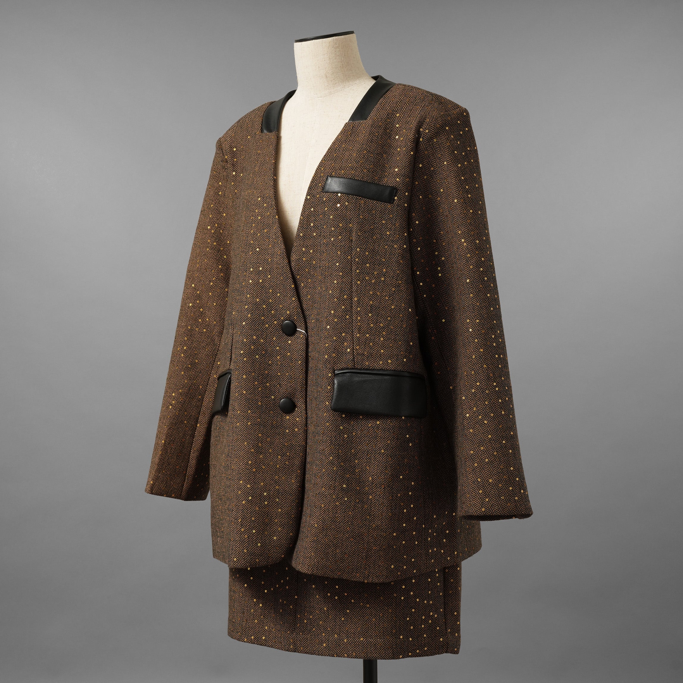未使用品 ANDREA&Co. アンドレアアンドコー / 25AW シャイニーレザーコンビセットアップ ジャケット スカート / ansun-533 / size FREE (BROWN) レディース